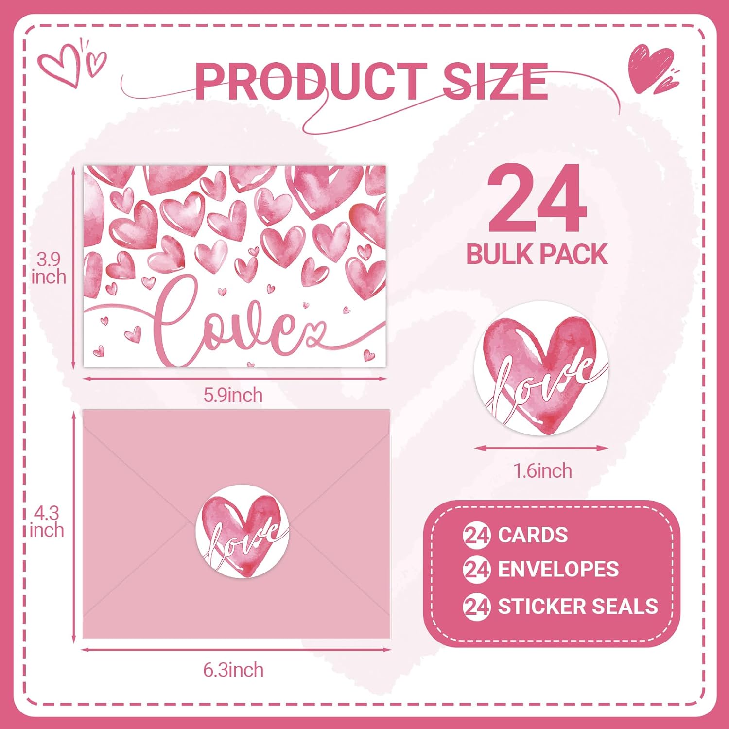 24 Pcs Valentines Heart Love Card With Envelopes, Watercolor Heart Greeting Cards Pink Valentine'S Day Blank Notecards For Anniversary Wedding Party Supplies