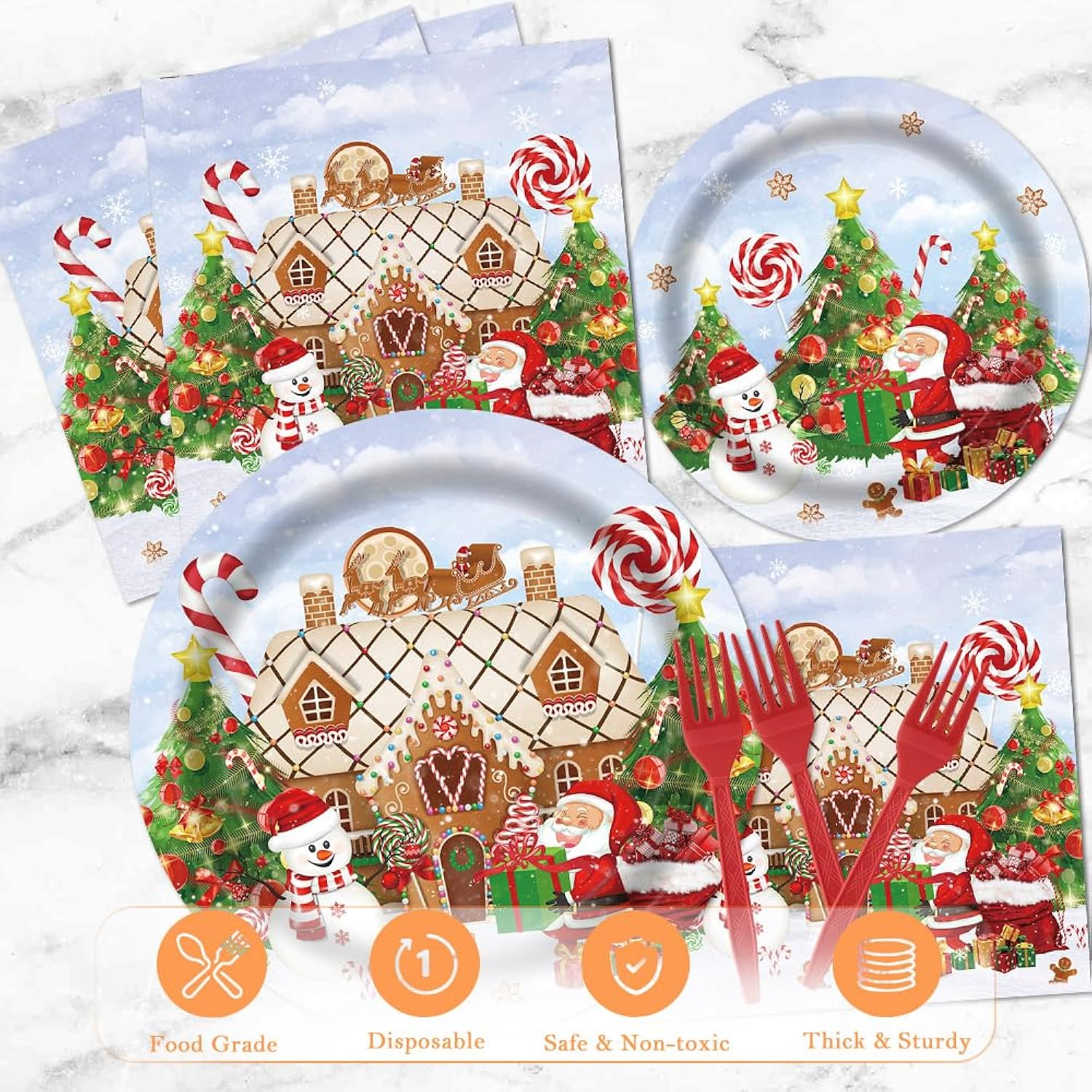 Christmas Santa Claus Gingerbread House Snowman Tableware Set 96 Pcs Disposable Plates Napkins Forks Winter Xmas Happy Birthday Merry Christmas Party Decorations Serve 24 Guests