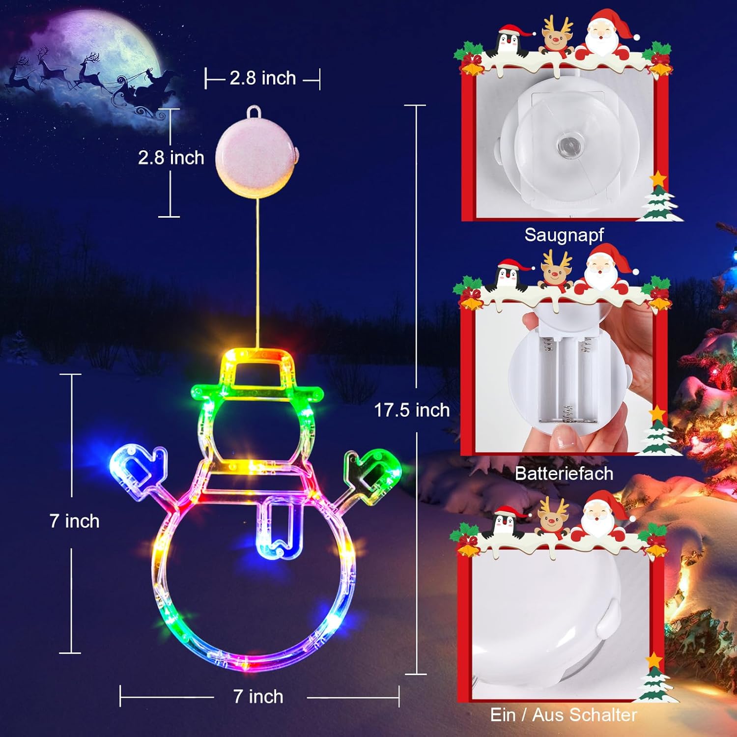 Christmas Window Lights, 3 Pack Multicolor Stocking, Snowman, Santa Hat With Suction Cup, Timer Function And Slow Fade M