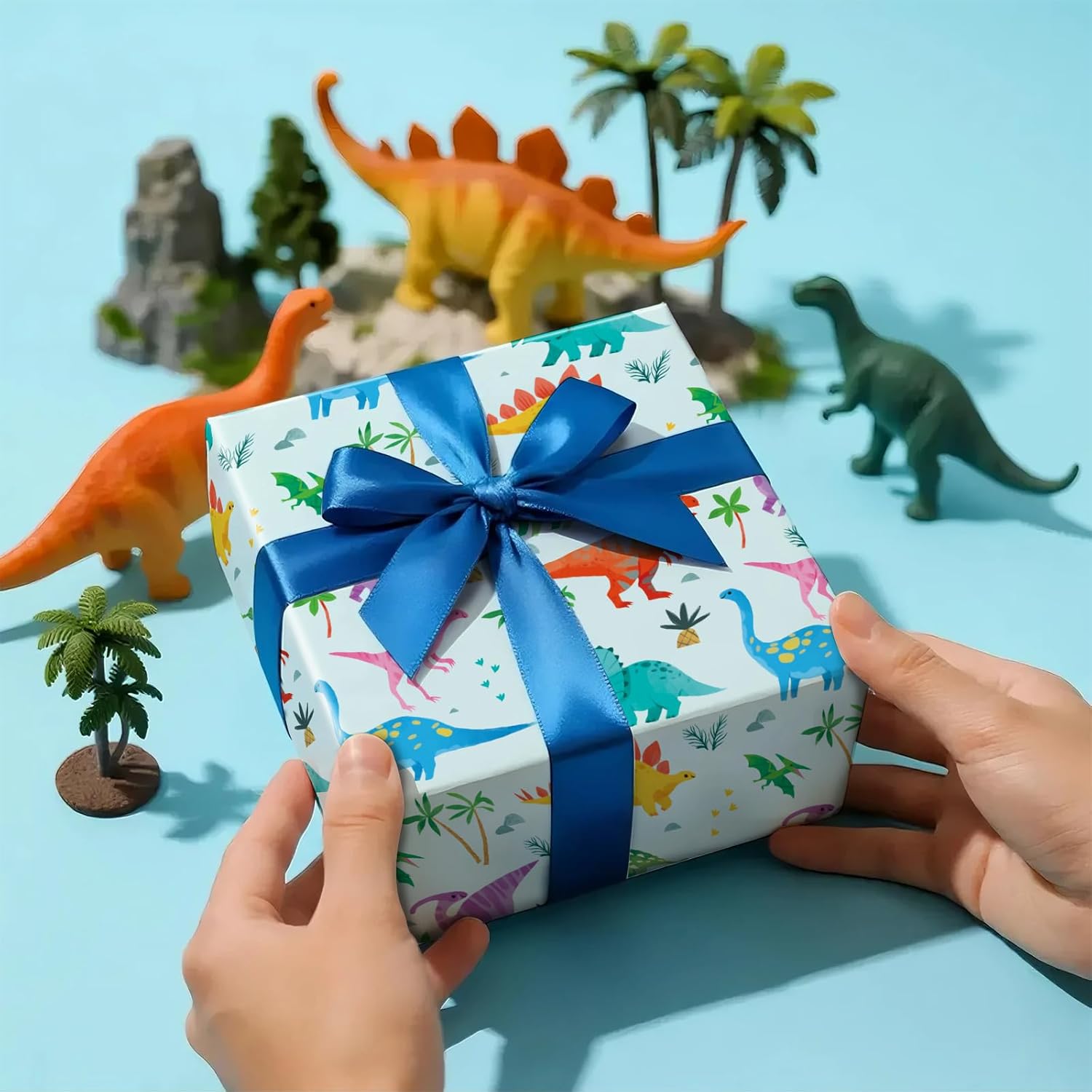 Dinosaur Wrapping Paper Roll For Boys, Mini Roll, Colorful Dinosaur Gift Wrap With Palm Tree And Footprint Design, Perfect For Kids' Birthday, Dino Party, Baby Shower, 17 Inches X 16.4 Feet