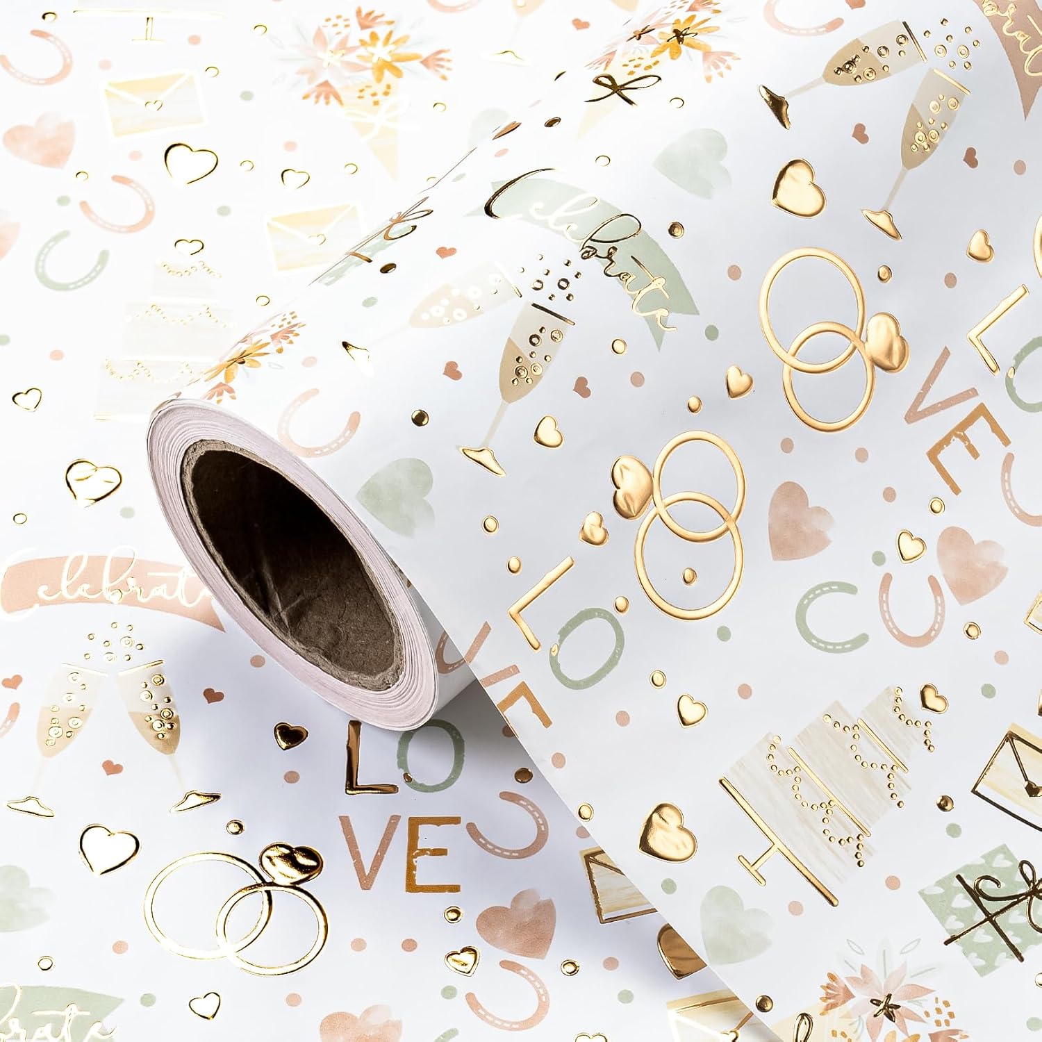 Wedding Wrapping Paper Roll - Mini Roll - 17 Inch X 16.5 Feet - Luxury And Elegance Wedding Theme With Gold Foil Wrapping Paper Perfect For Bridal Shower, Celebration, Party