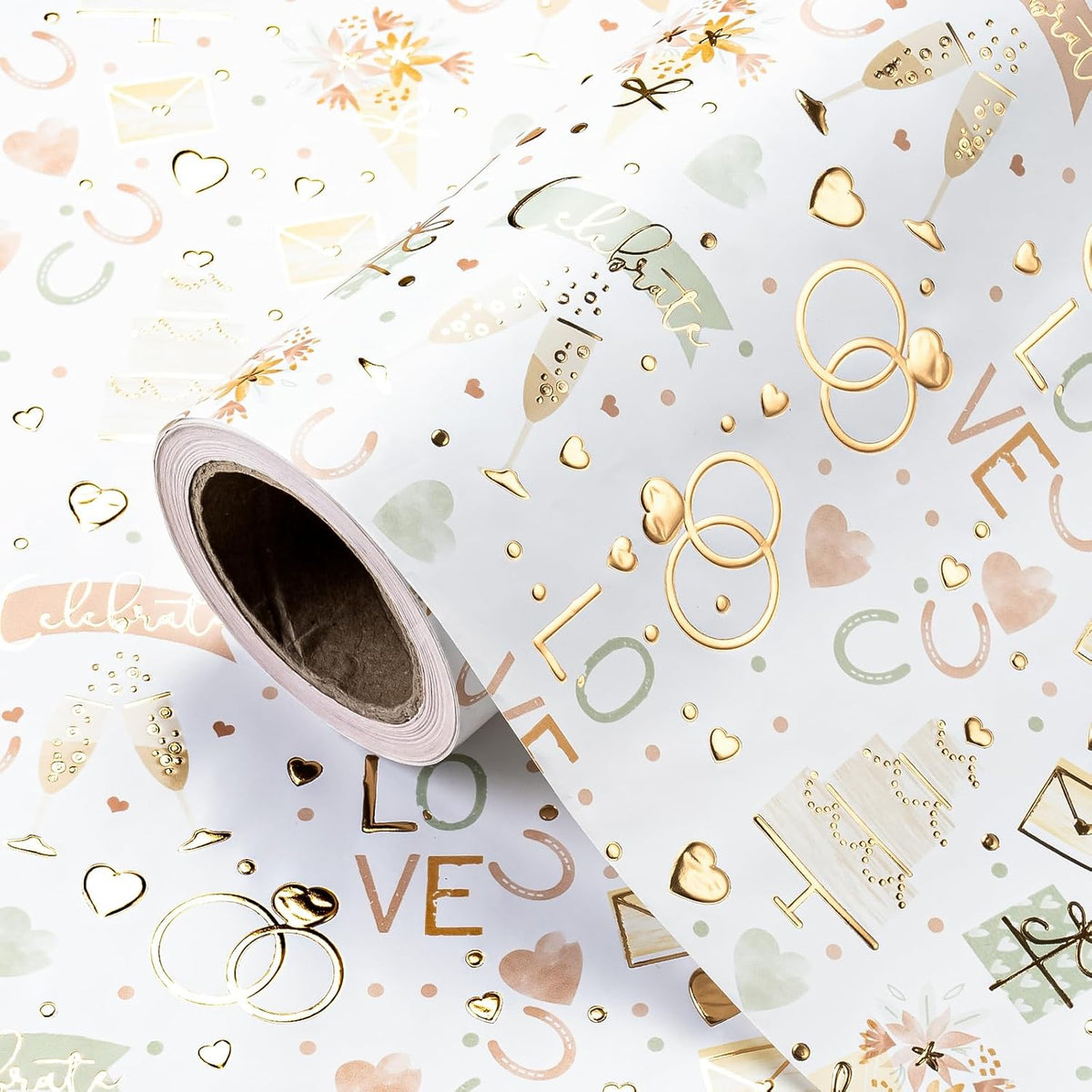 Wedding Wrapping Paper Roll - Mini Roll - 17 Inch X 16.5 Feet - Luxury And Elegance Wedding Theme With Gold Foil Wrapping Paper Perfect For Bridal Shower, Celebration, Party