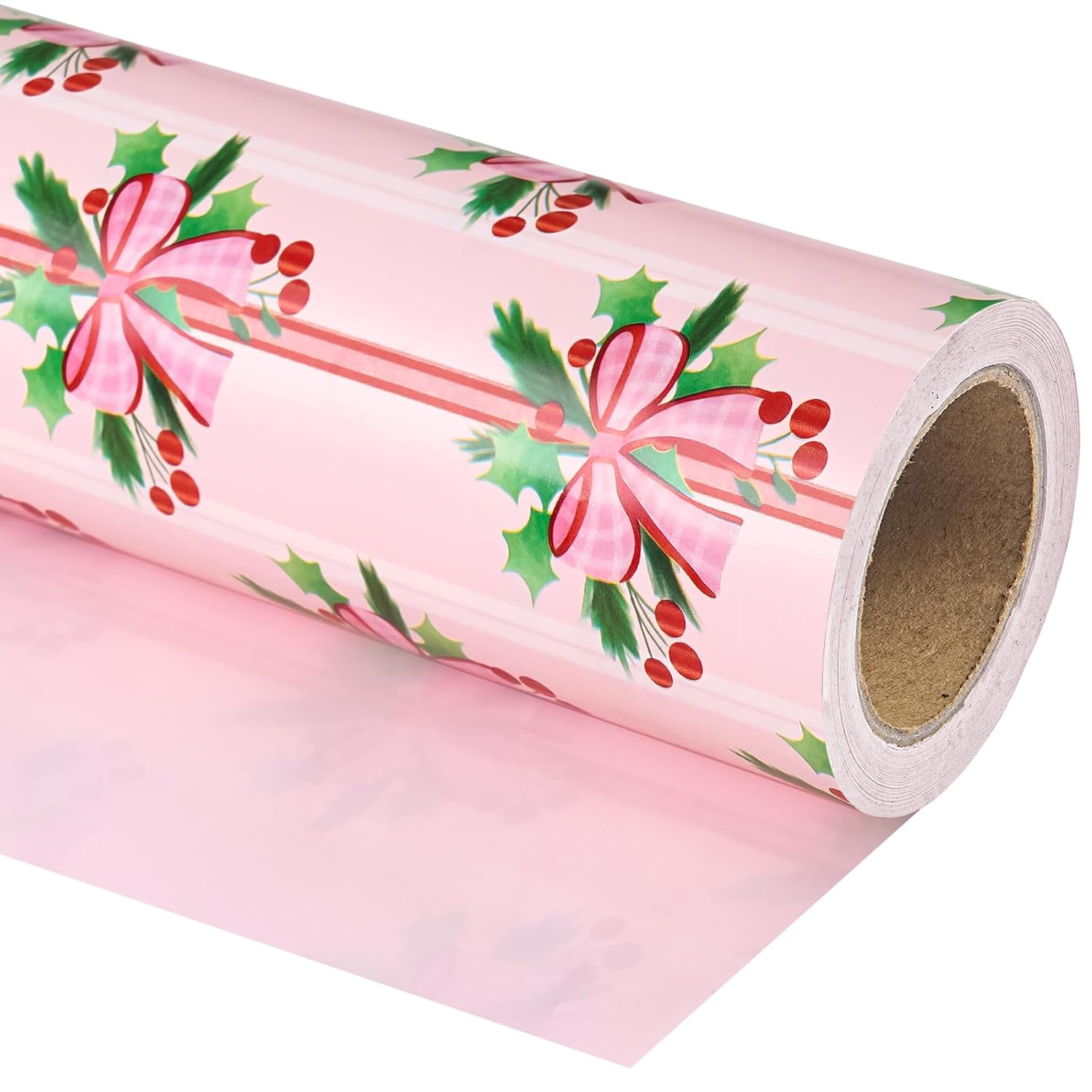 Reversible Christmas Wrapping Paper - Mini Roll - 17 Inch X 33 Feet - Holly And Red Bow Wrapping Paper With Solid Pink Design For Xmas Holiday, Party Celebration