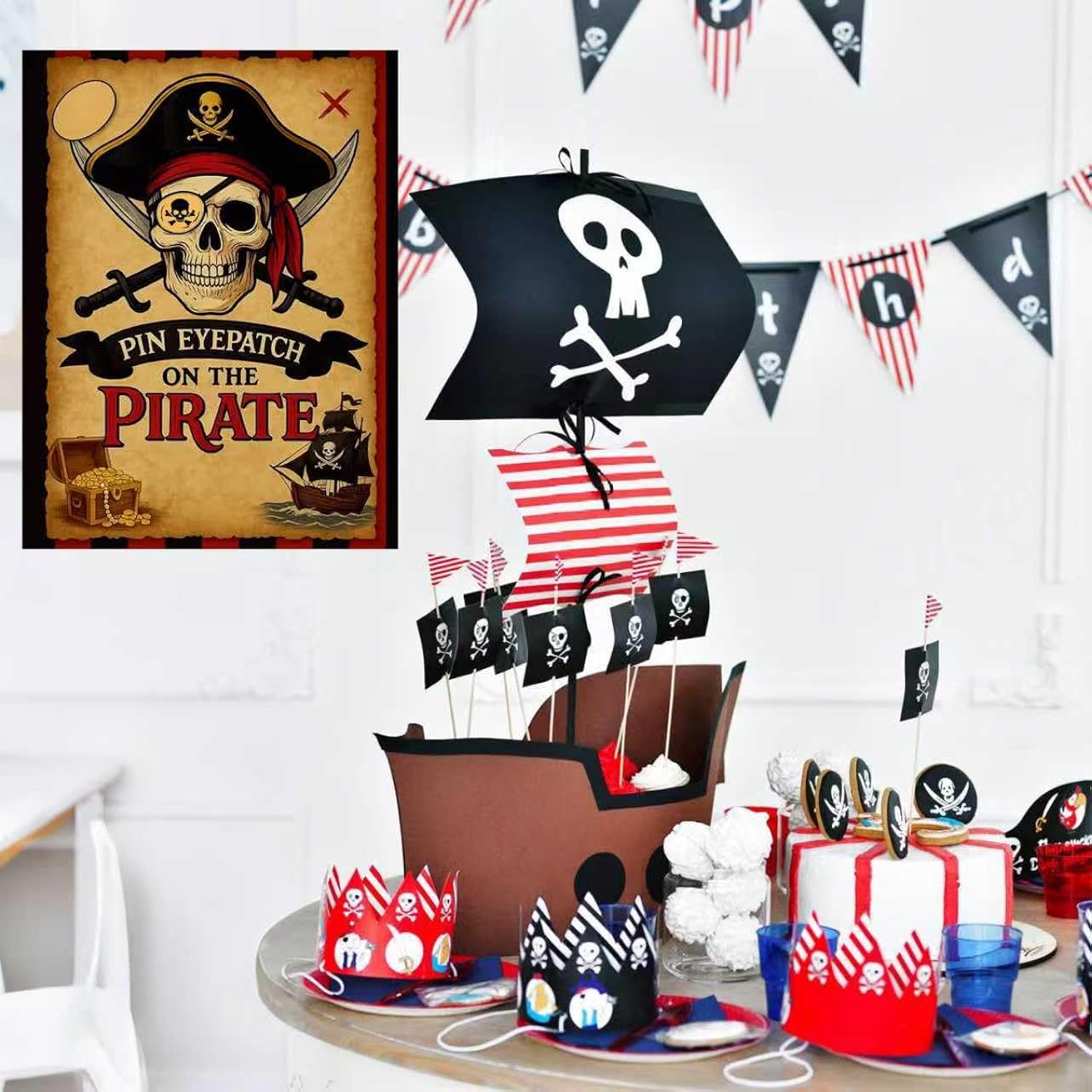 Pirate Party Games Pin The Eye Patch On The Pirates Birthday Decorations: Set Includes Skull Poster, 24 Stickers, And Blindfold For Pirates Birthday Party Decorations, Activities, And Supplies