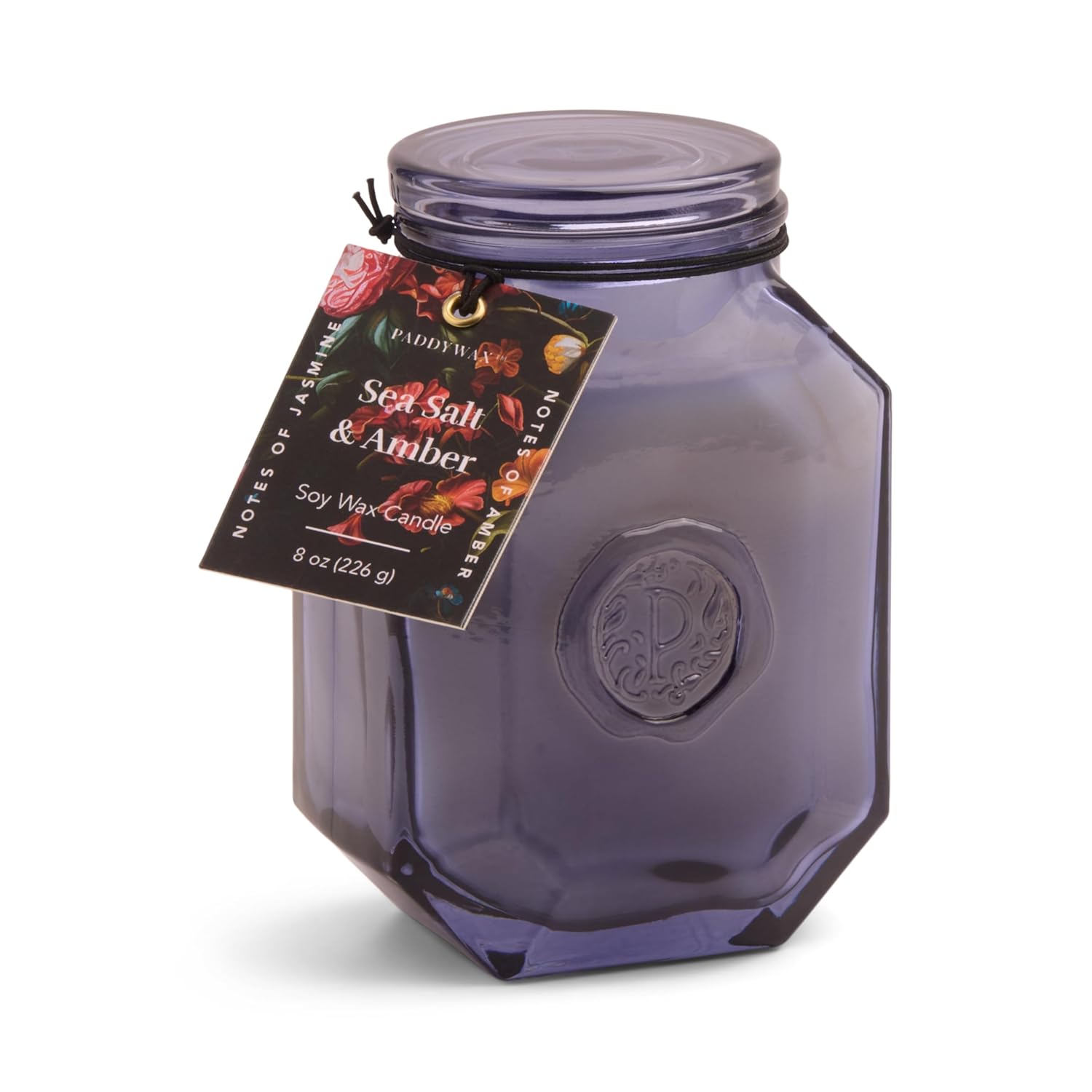 Paddywax Botanica Scented Candle with Lid in Reusable Embossed Glass Jar, Clean-Burn Soy Candle with Approx. 56 Hour Burn Time, Sea Salt & Amber, 8 oz
