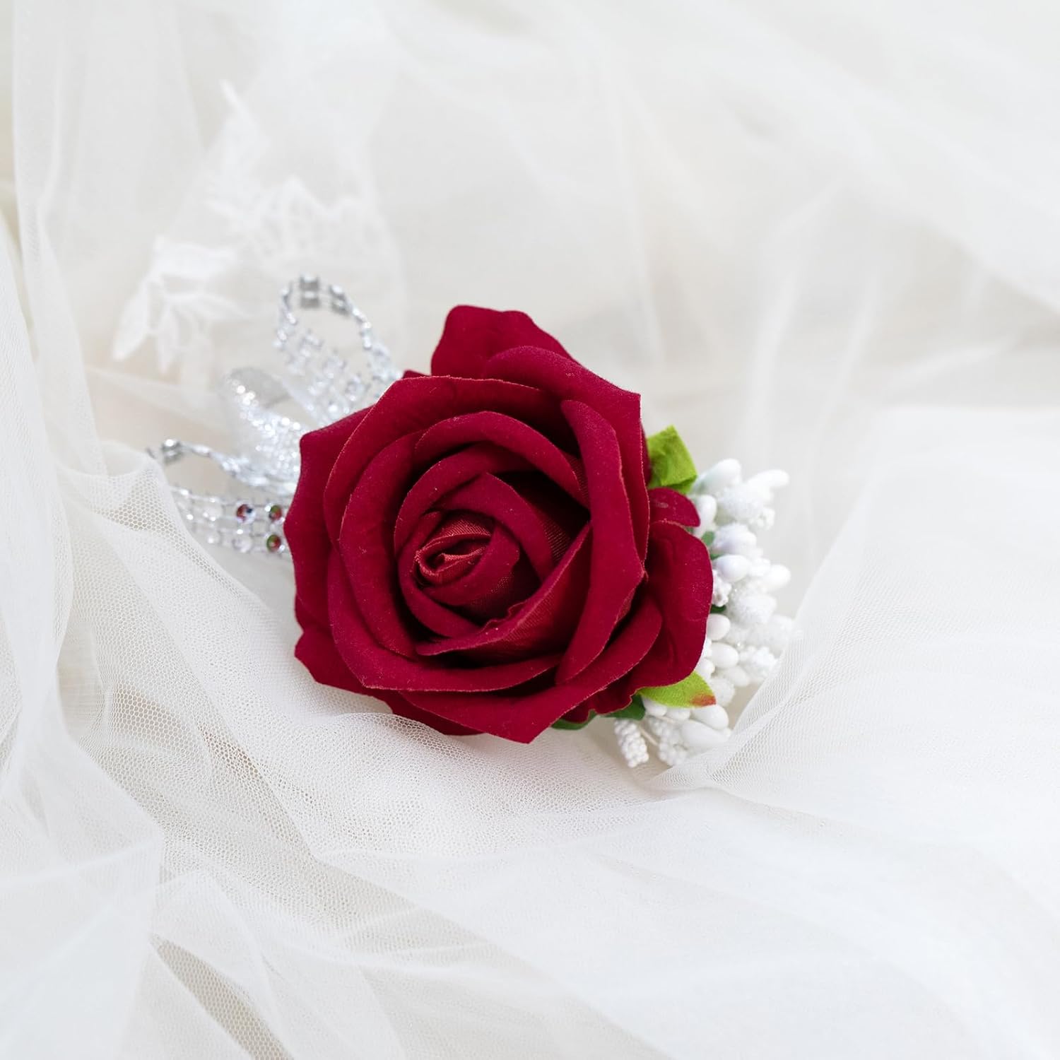 2Pcs Red Artificial Rose Corsage Wristlet Band And Men Boutonniere Set, For Prom Suit Decorations Wedding Party Flower Accessories