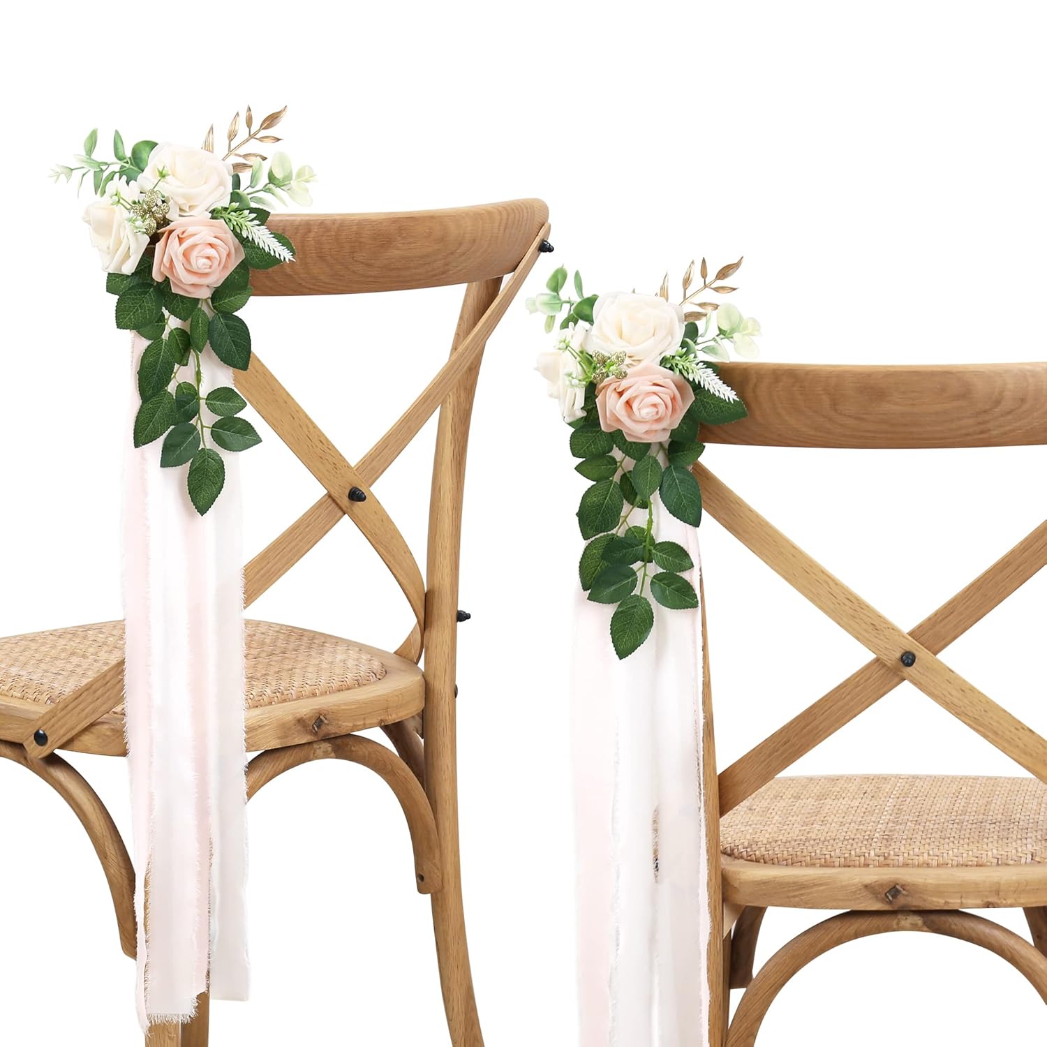 Wedding Aisle Decorations - Set Of 10 Pew Flowers - Artificial Roses & Eucalyptus - Pink & Cream - 5.5" X 13" - Elegant Traditional Modern Style - Chair Flowers