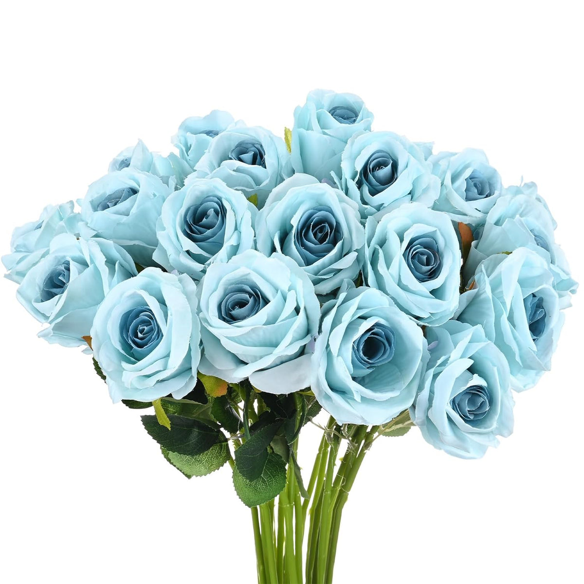 20-Pack Rose Artificial Flowers With Long Stem, Silk Faux Roses Plastic Bouquets Real Touch Faux Flowers For Home Decor/Wedding/Christmas/Diy/Party/Garden Office [Dark Light Blue]
