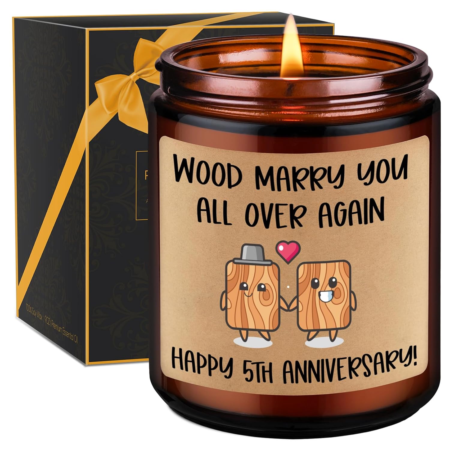5Th Wedding Anniversary Candle, 5Th Anniversary Wood Themed Gifts For Wife Husband, 5 Year Wedding Anniv. Funny Gifts For Him Her, Happy Fifth Marriage Presents For Couples Women Men Boyfriend