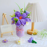 Crochet Tulips Flowers With Vase, Knitted Artificial Flower Bouquet, Artificial Plant Hand-Woven Flowers For Home Office Ornaments Gifts For Woman Mother Family Friends Anniversaries (Purple)