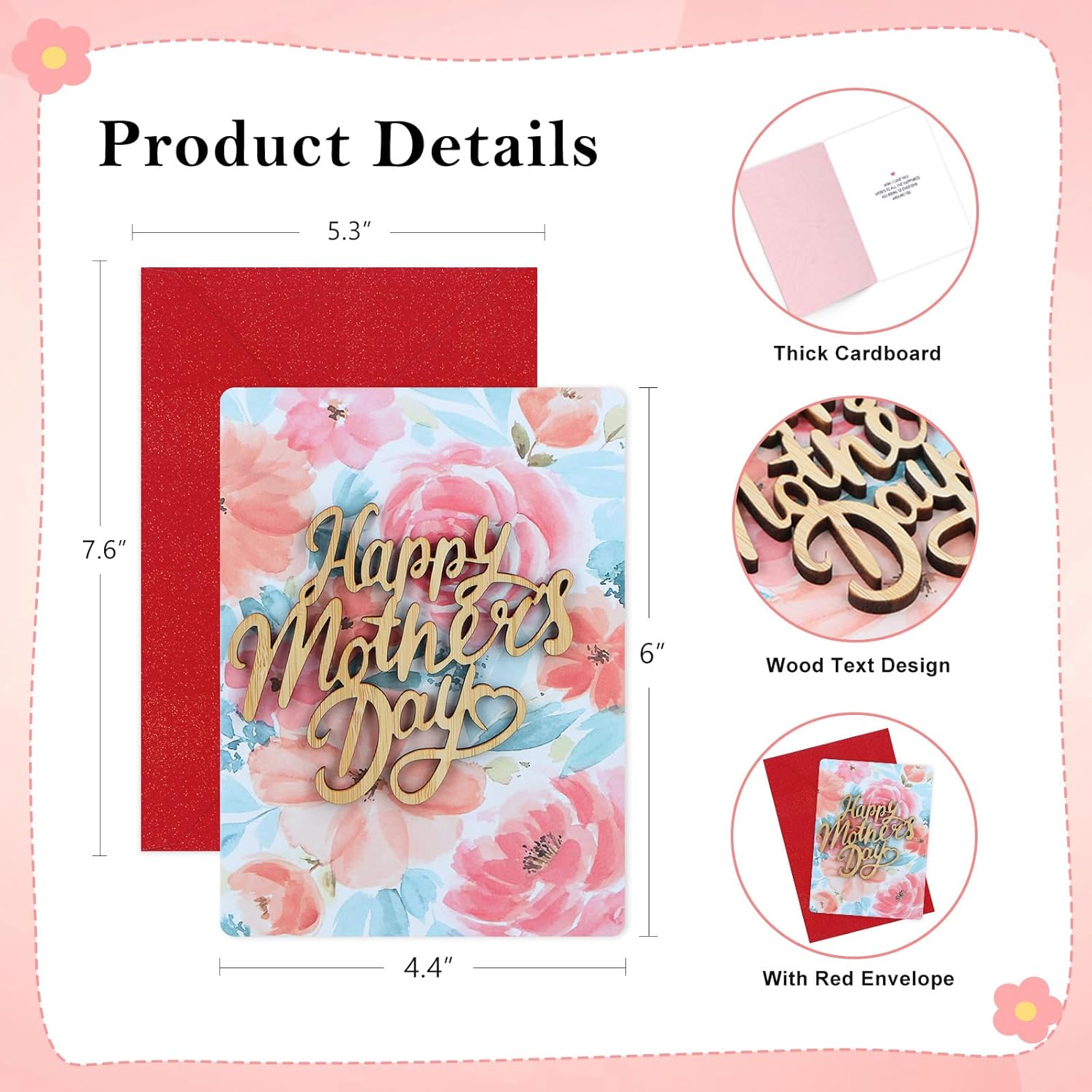 Happy Mothers Day Card - Flower Card With Envelope Wooden Text Design Thoughtful Mother'S Day Gifts For Mom Mamma Mom To Be Grandma Wife Sister