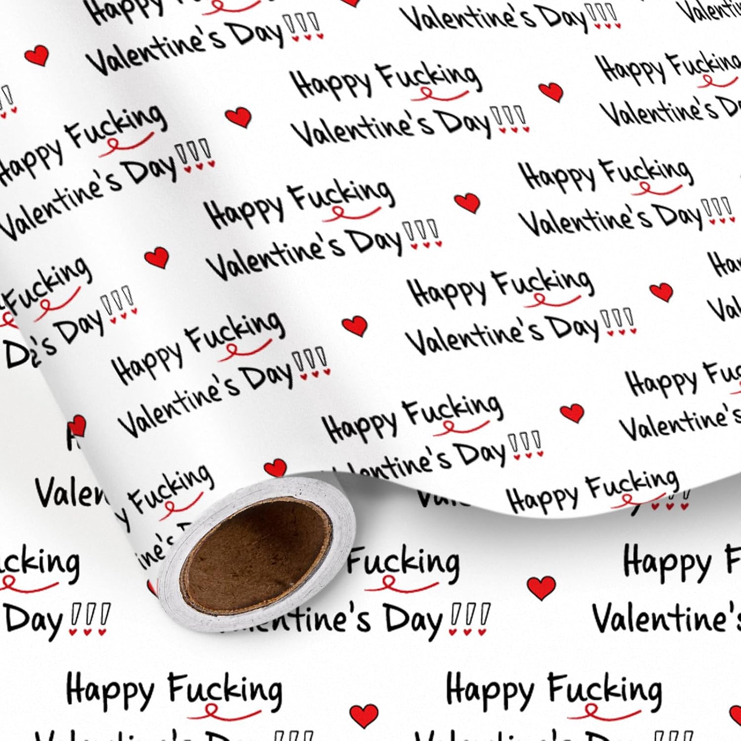 Funny Valentine Wrapping Paper Roll, Happy Valentine Day Text With Red Hearts, Humor Gift Wrap For Him Her Husband Wife, Mini Roll 17 Inches X 16.4 Feet