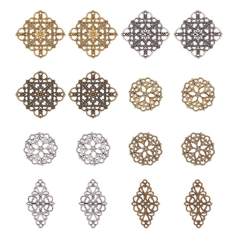 40Pcs 3 Color Rhombus & Round Flower Filigree Connectors Charms Pendants Filig