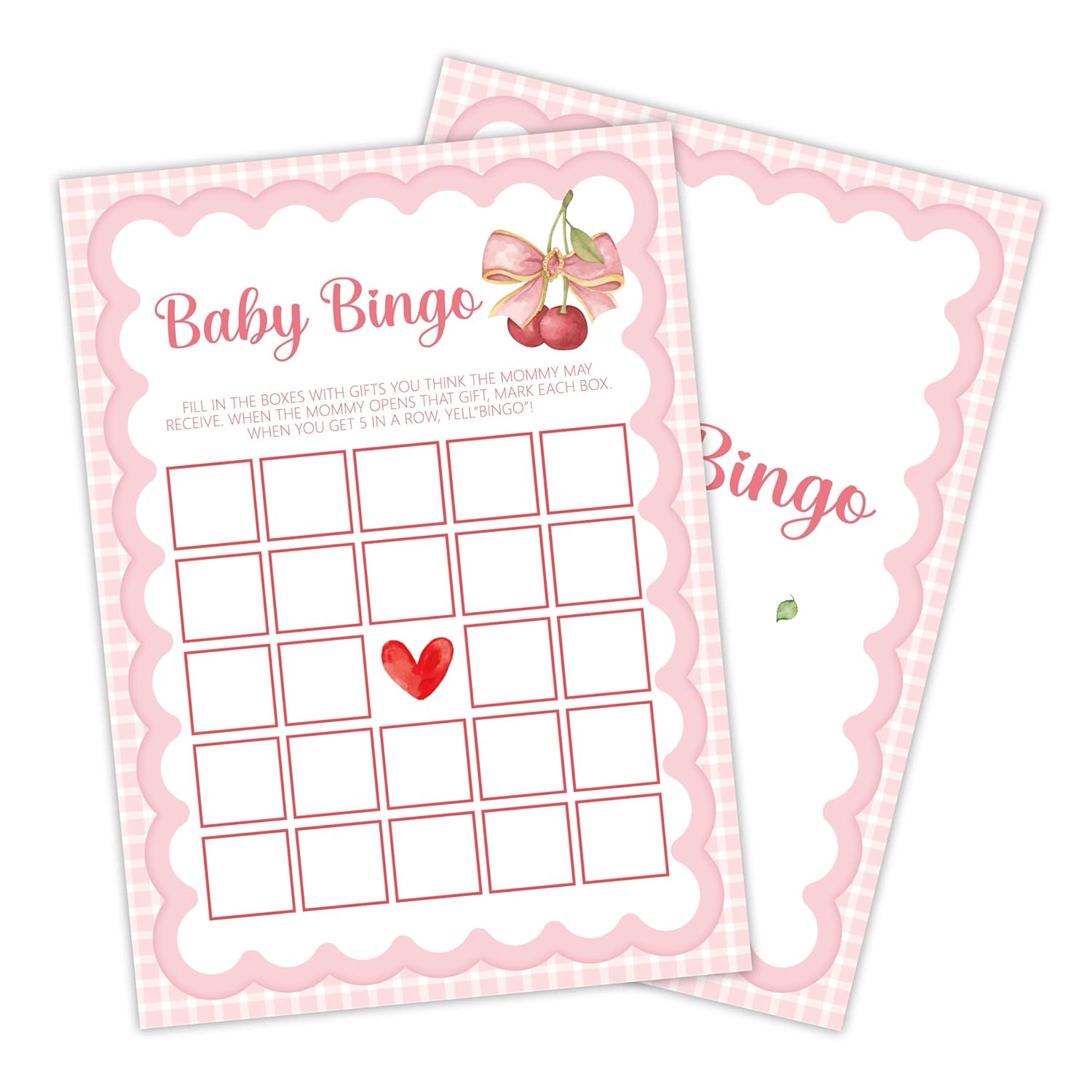 Pink Bow Baby Shower Games, 25 Pcs Cherry Baby Bingo Game For Adults, 5"×7" Double-Sided Gender Reveal Cards For Party Decorations Favors - C02