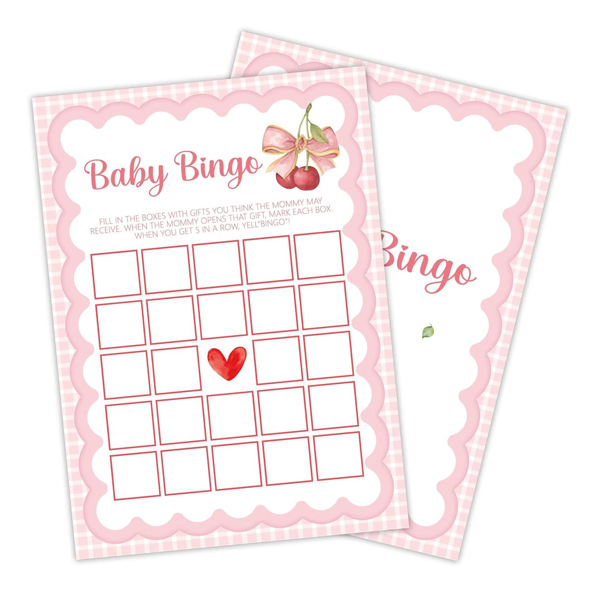 Pink Bow Baby Shower Games, 25 Pcs Cherry Baby Bingo Game For Adults, 5"×7" Double-Sided Gender Reveal Cards For Party Decorations Favors - C02