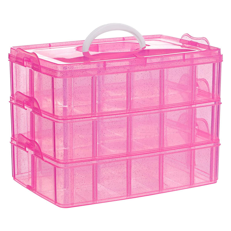 3-Tier Pink Craft Storage Container Box, Stackable Organizer Box With