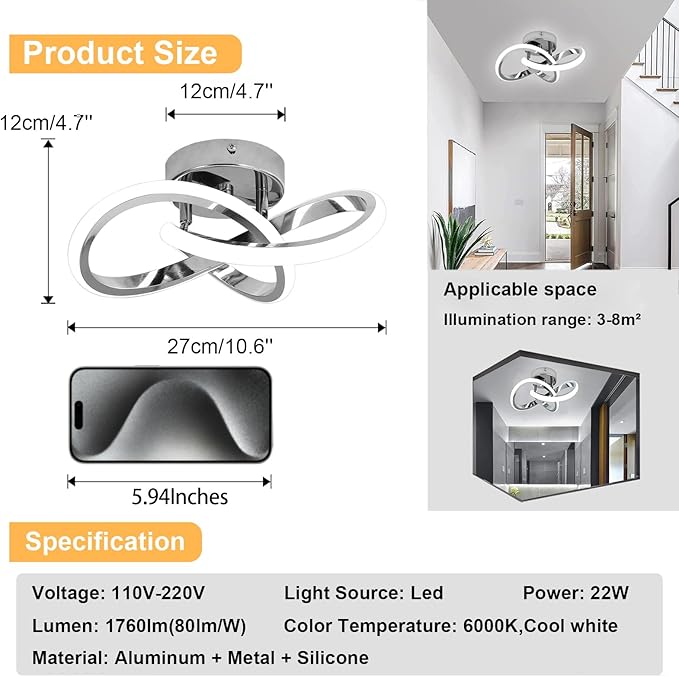 Modern Acrylic LED Ceiling Light 6000K Curved Flush Mount Hallway Fixture