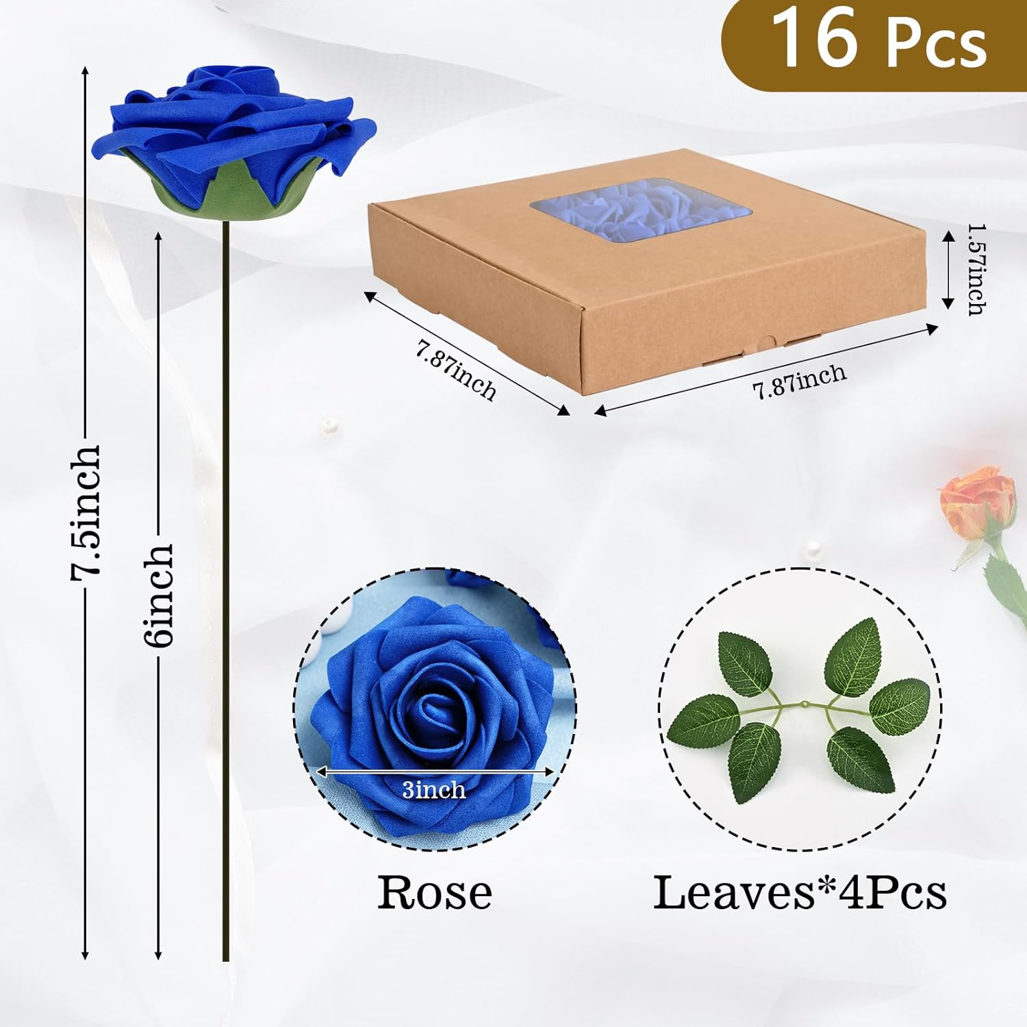 16Pcs Artificial Flowers Fake Roses With Stems, Royal Blue Boxed Foam Roses For Diy Bouquets Centerpieces Wedding Party Arrangement Bridal Shower Decor