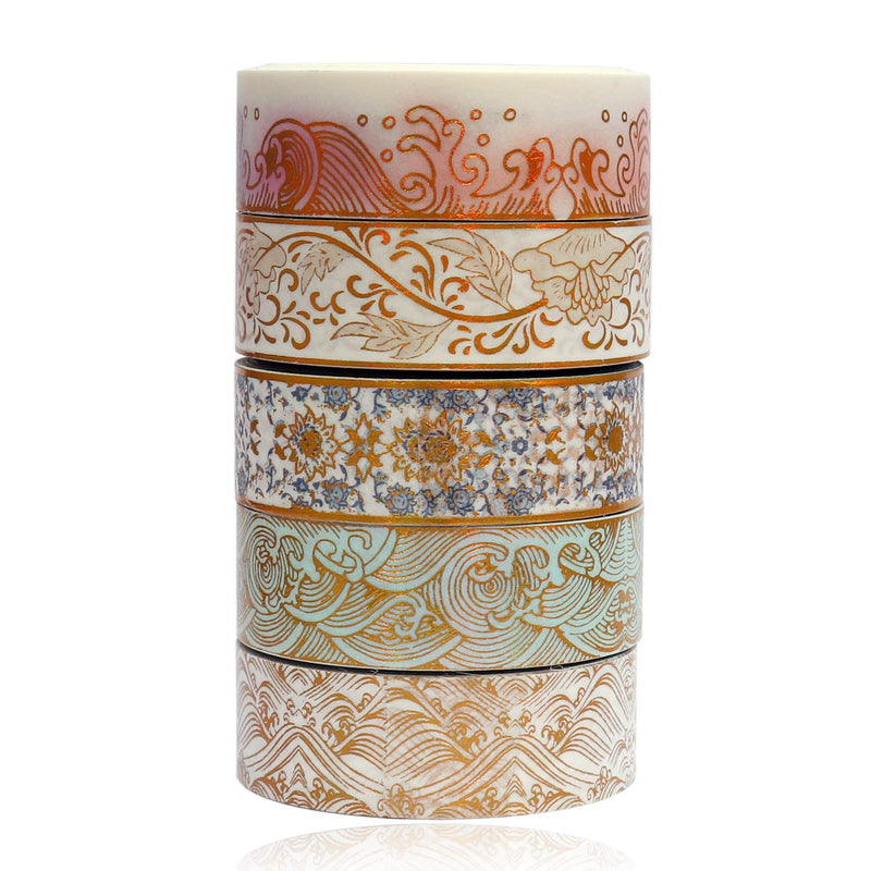 Gold Washi Tape Set - 5 Rolls Gold Foil Washi Masking Tape, Colorful Sea Wave