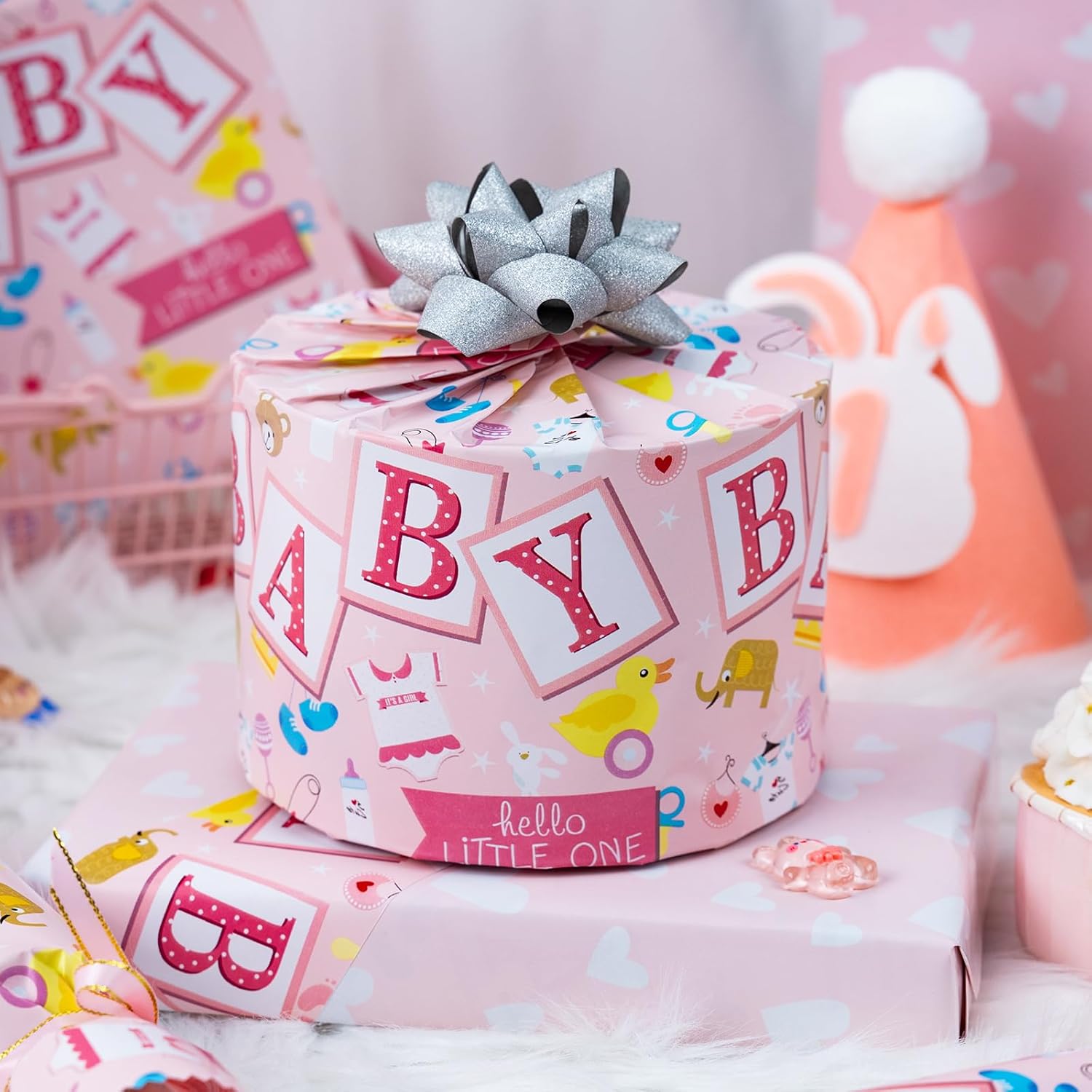 Pink Baby Shower Wrapping Paper Roll, 17 In X 32.8 Ft(46.5 Sq.Ft.Ttl.) Baby Design Gift Wrap With Pink Heart Reverse For Baby Shower, Baby Girl Birthday, Gender Reveal, Newborn Celebrations