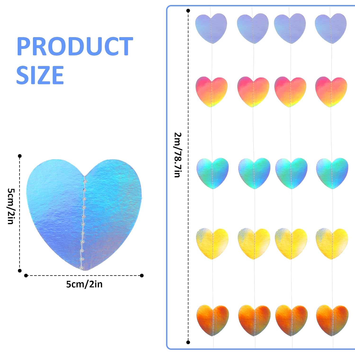 6.5Ft Heart Garland, Holographic Heart Streamers Christmas Paper Garland For Valentines Day Birthday Wedding Engagement Bridal Shower Bachelorette Winter Iridescent Party Decorations