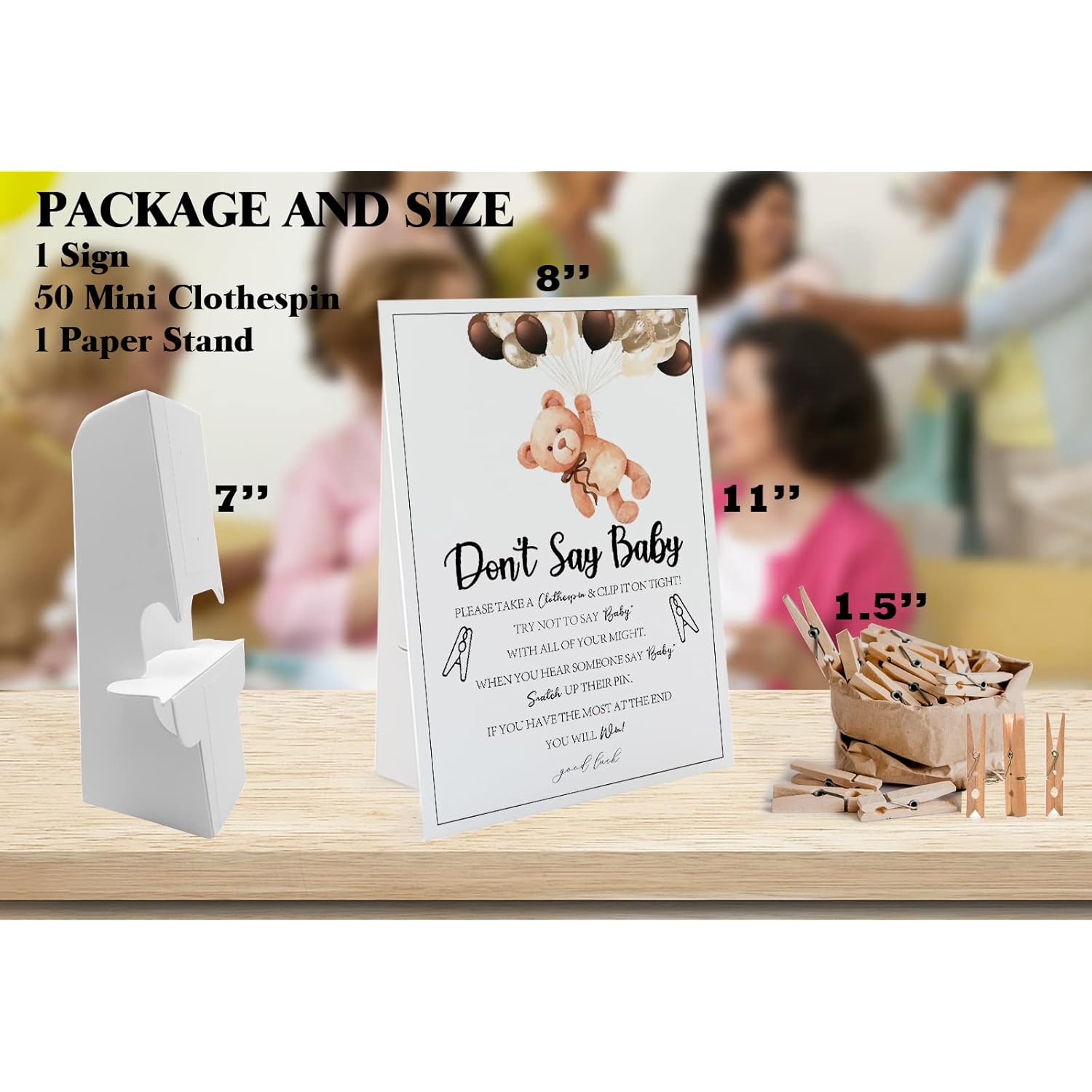 Bear Don'T Say Baby Game (1 Sign And 50 Mini Natural Clothespins) Don'T Say Baby Baby Shower Game, Baby Shower Decorations, Baby Shower Games Gender Neutral (2Ds06)