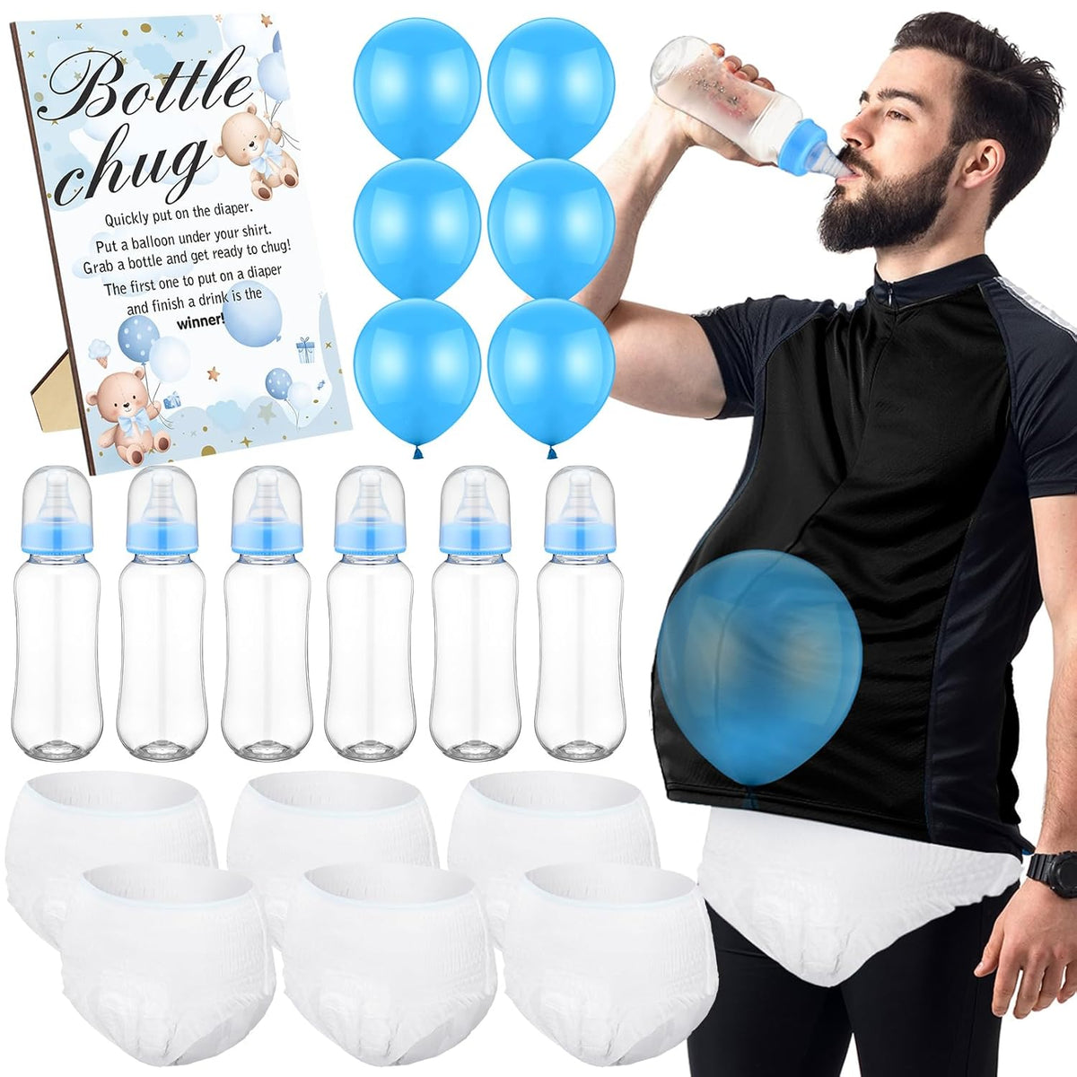 6 Sets Funny Plastic Bottle Chug Baby Shower Games Diaper Baby Shower Game Gender Reveal Party Race Gifts Decoration For Adults Boys Girls (Bear,Blue)