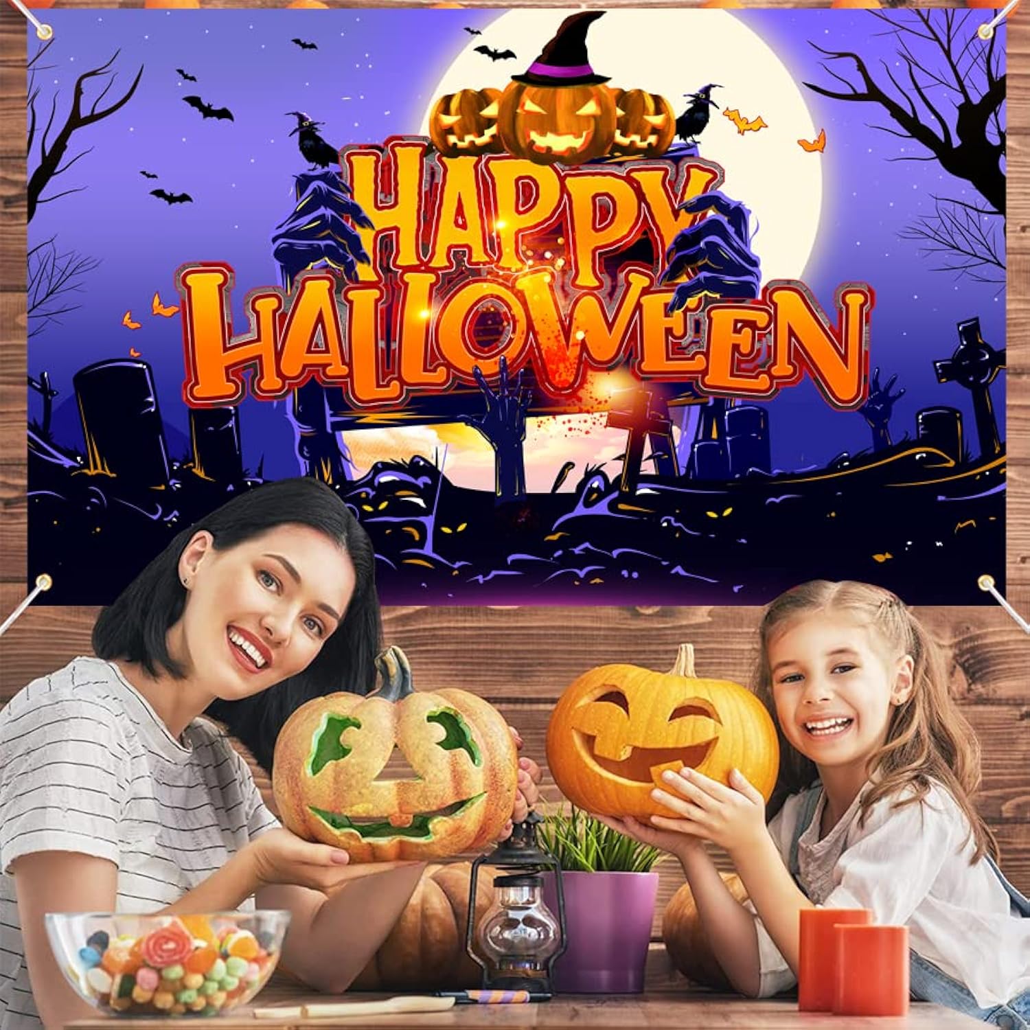 Purple Night Moon Cemetery Pumpkin Backdrop Banner Indoor Outdoor Halloween Decor Photography