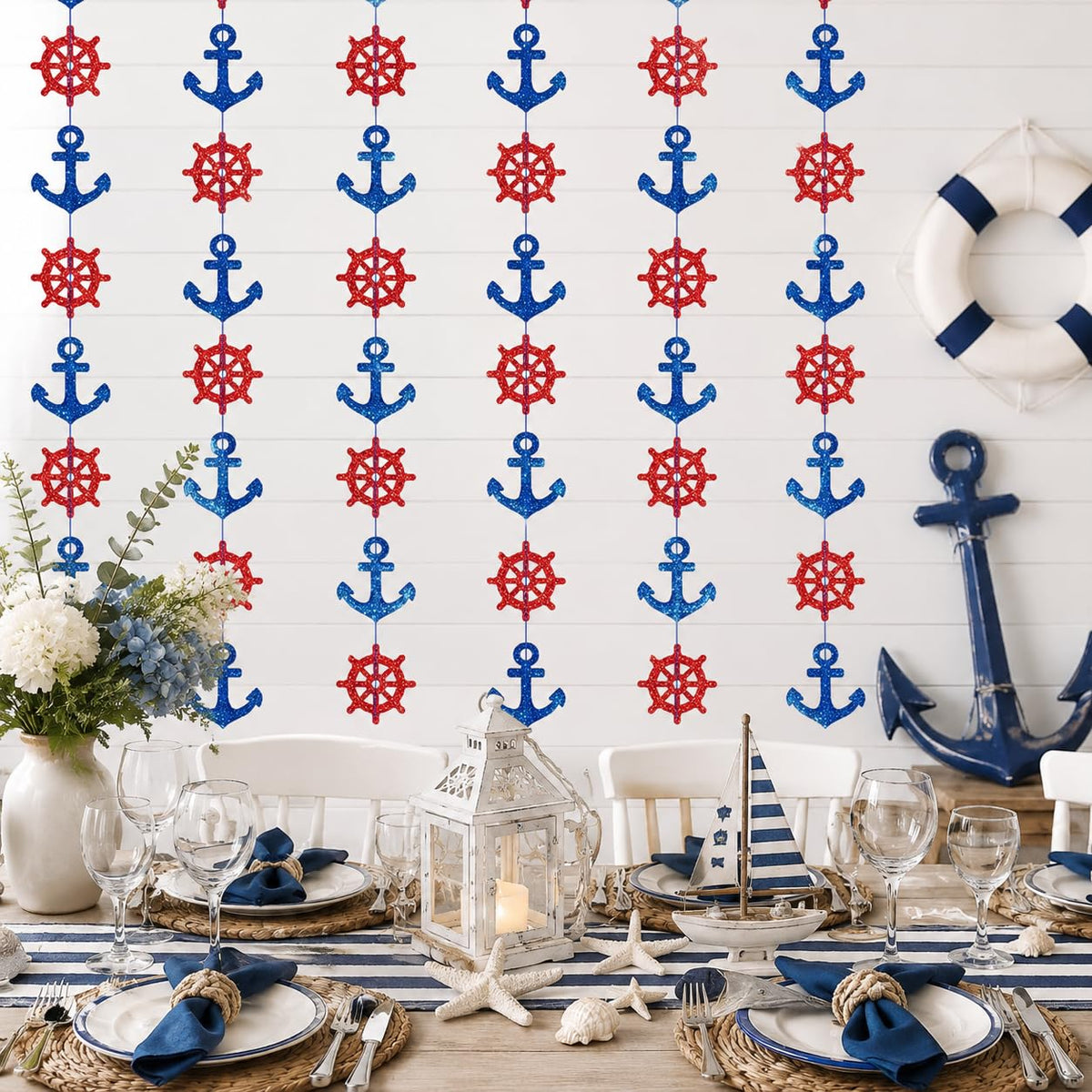 Cruise Ship Decoration, Nautical Birthday Decorations, Yacht Rock Party Decorations Navy Blue 4 Pack 240 Inch, Shiny Glitter Navy Boat Decorations for Party, Nautical Party Decorations