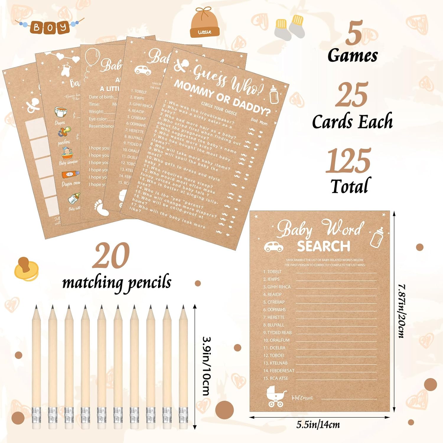 145 Pcs Rustic Games Activities Cards For 25 Guests With 20 Pencils Rustic Kraft Funny Theme Games, Bingo, Guess Who, Gender Reveal Ideas