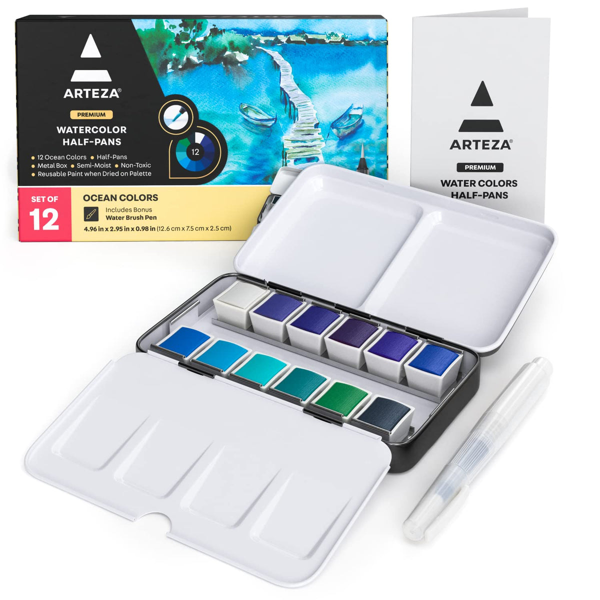 Watercolor Paint Set, 12 Ocean Tones Half Pans, Watercolor Set With Brush, Semi Moist Water Colors