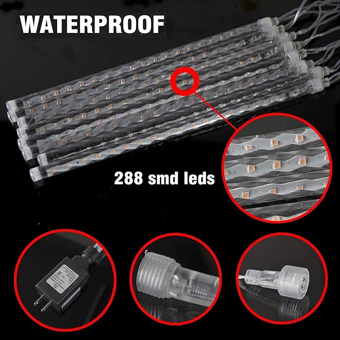 Christmas Meteor Shower Lights Outdoor 864 LED 24 Tube Waterproof White Icicle Snow Falling Plug In Lights