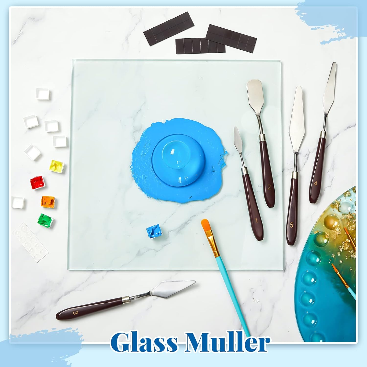 109 Pcs Watercolor Paint Muller Set Glass Paint Muller Slab, Drawing Knives And Watercolor Half Pans With Magnetic Stripe For Diy Oil Acrylic Drawing(2.95'' In Dia)
