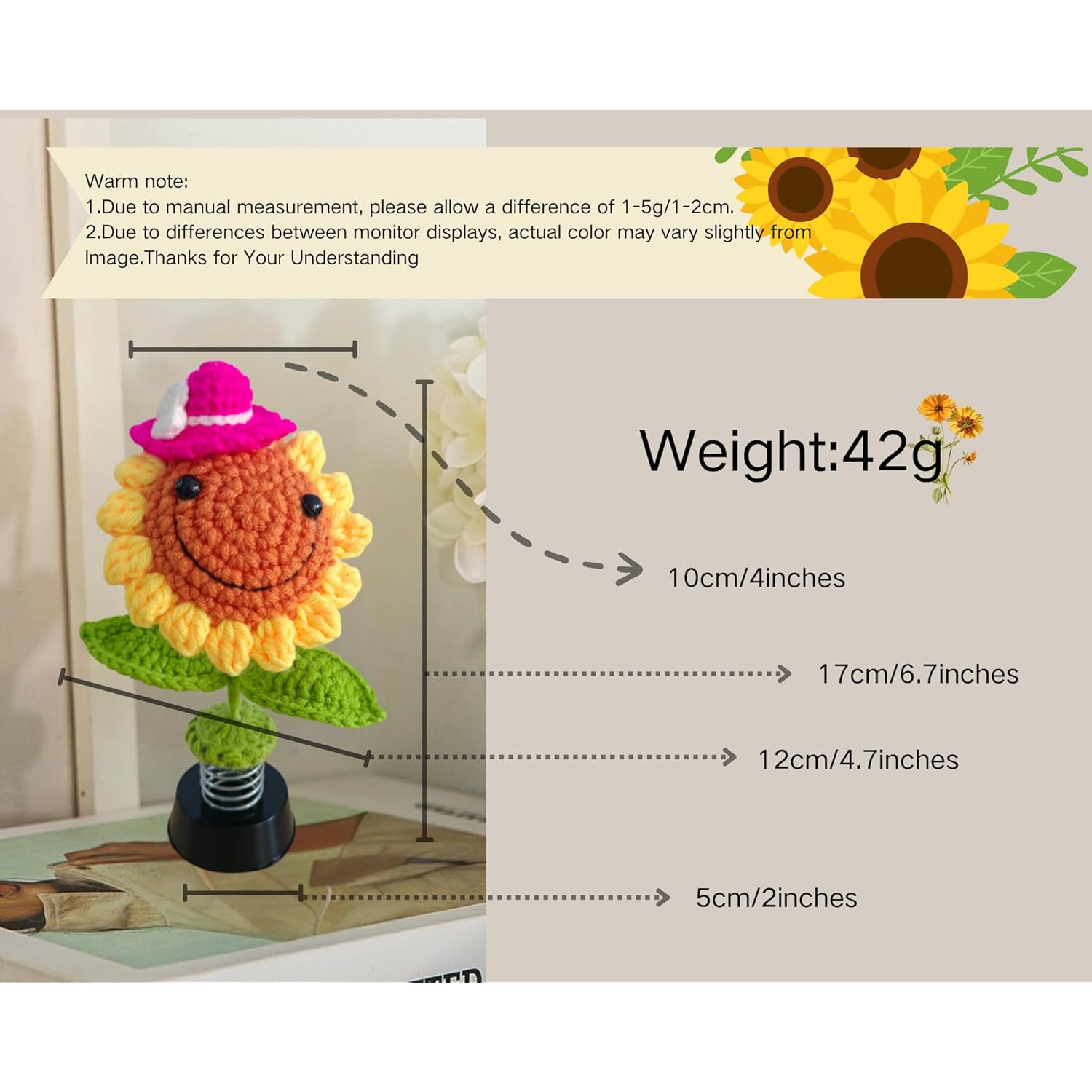 Get This Shaking Sunflower Car Decor! A Crochet Smiley Handmade Beauty,Ideal Gifts For Women, Cute Car Interior Decor And Dashboard Ornament Adding Charm To Your Ride!(Green-2)