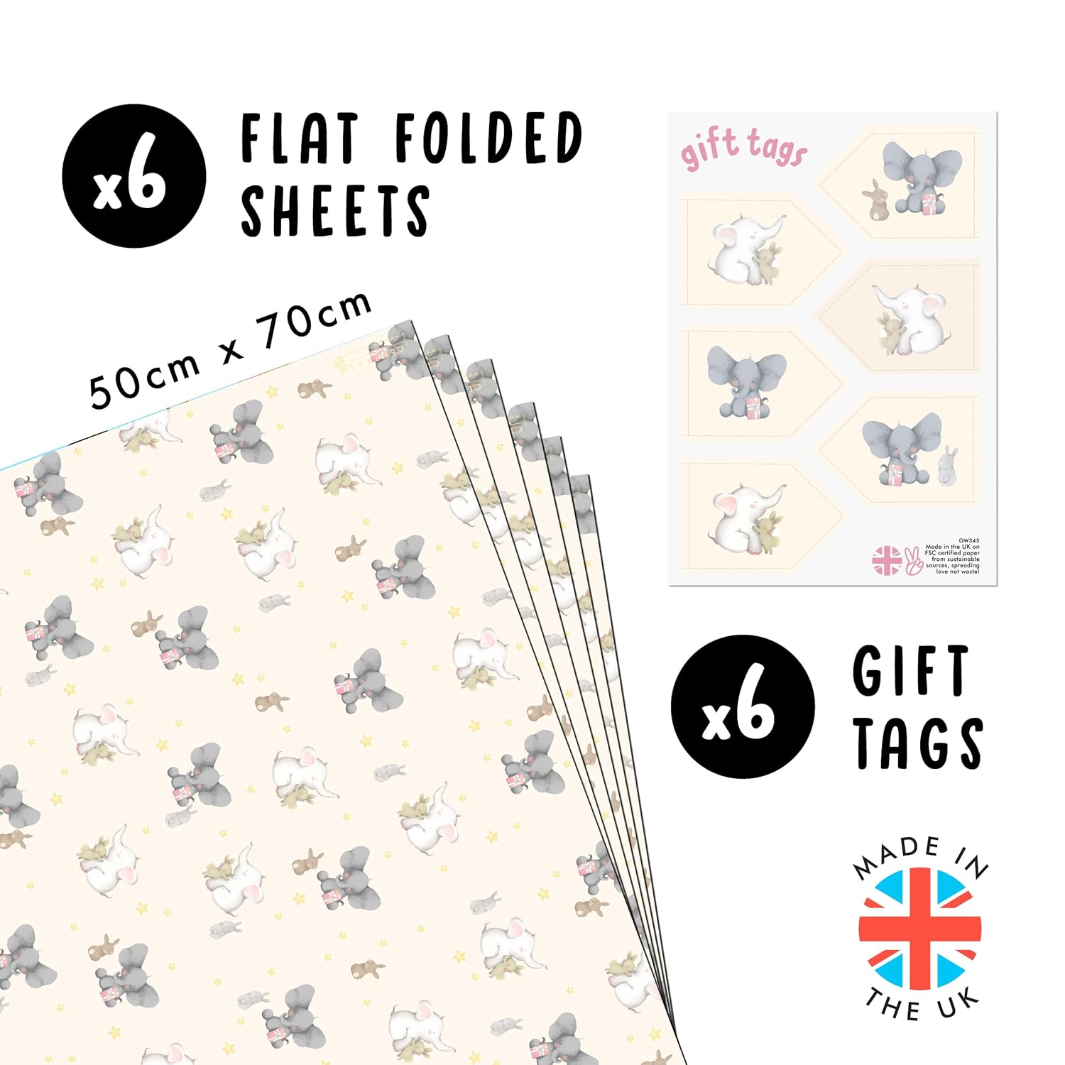 Elephants And Bunnies Wrapping Paper - 6 Sheet For Gift Wrap For Babies - Baby Shower - Christening - Baptism - Stars - Rabbit - Bunny - Made In The Uk