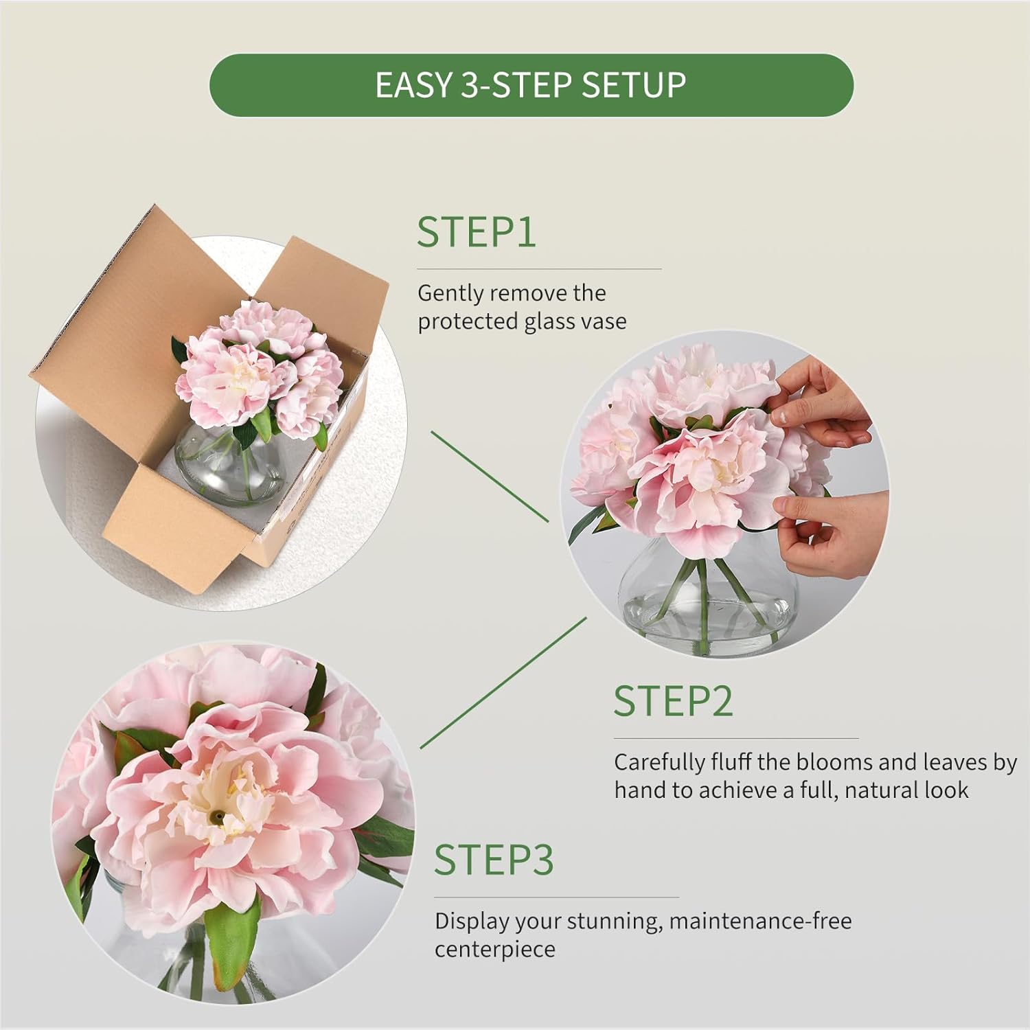 Pink Peonies Artificial Flowers With Glass Vase, Silk Faux Peony Flower Arrangement With Faux Water, Fake Flowers In Vase For Table Centerpieces, Shelf Bathroom Decor, Home & Wedding Decoration