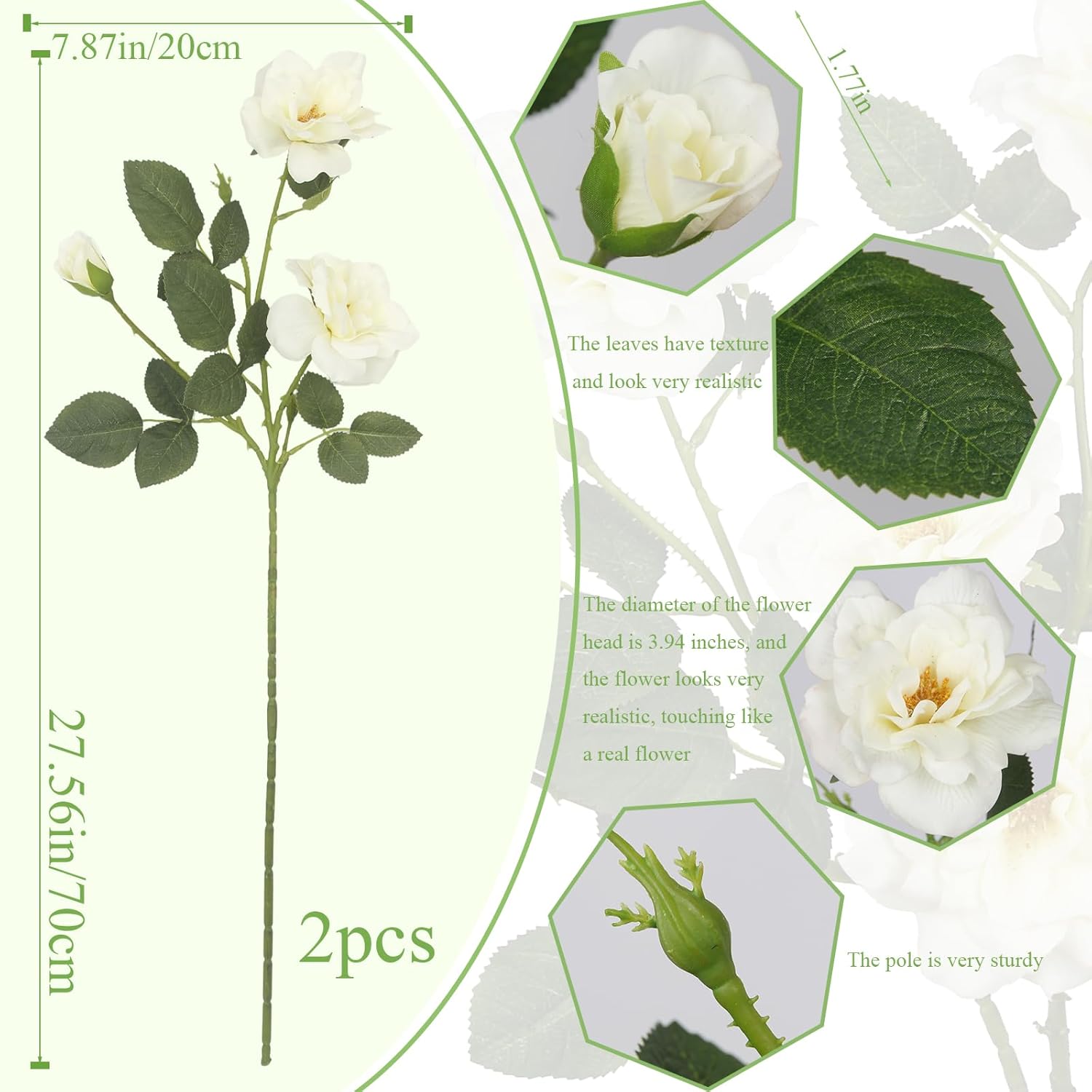 2 Pcs White Roses Artificial Flowers Bulk Fake Rose Flowers Realistic With Long Stems Silk Flower Arrangement Faux Roses Bouquet For Home Wedding Table Centerpieces Vase Fillers Party Decor