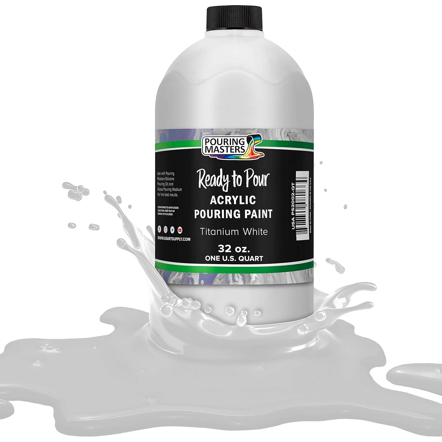 Pouring Masters Titanium White Ready To Pour Acrylic Pouring Paint - Premium 32-Ounce Pre-Mixed Fluid Acrylic Paint - Fluid Art Supplies For Canvas, Wood, Paper, Tile & Rocks