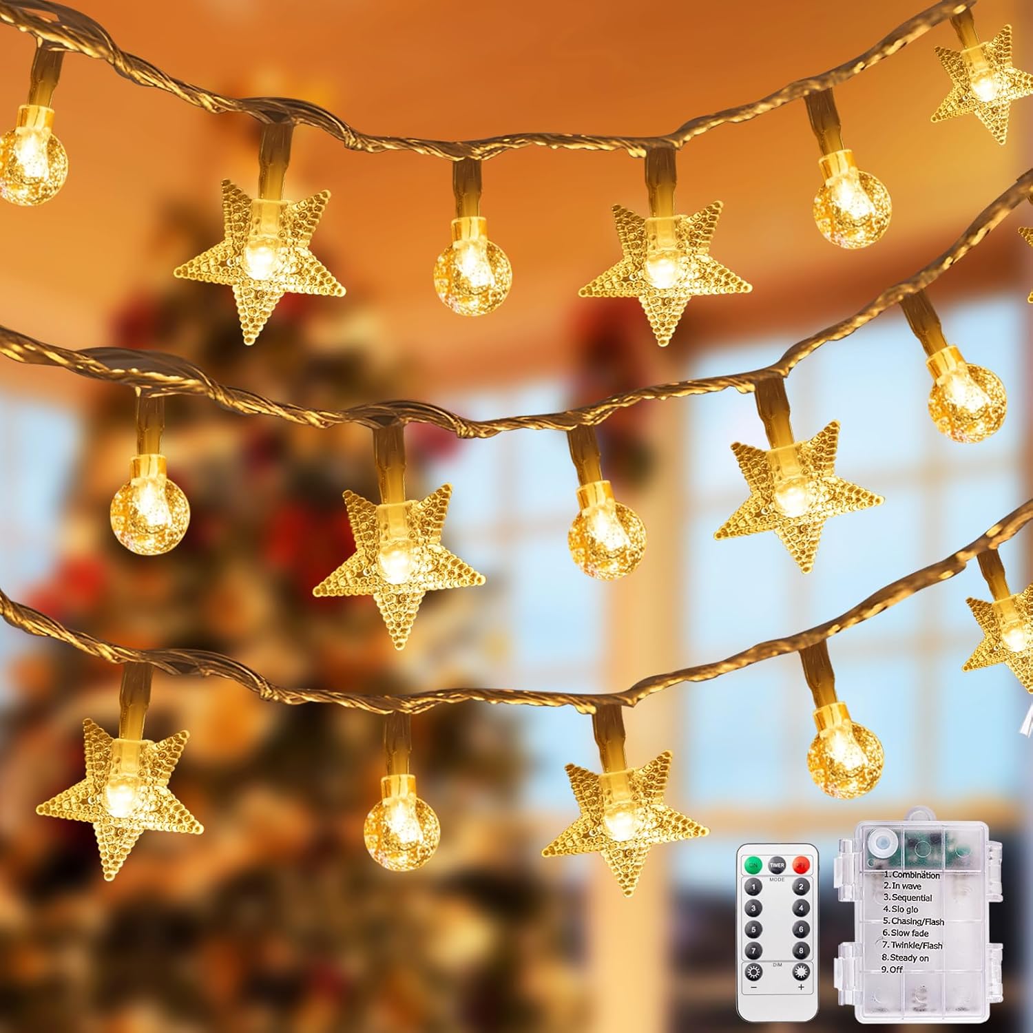 33Ft 80 Led Star String Lights,8 Modes Globe Fairy Lights Battery Operated With Remote&Timer,Waterproof Christmas Globe