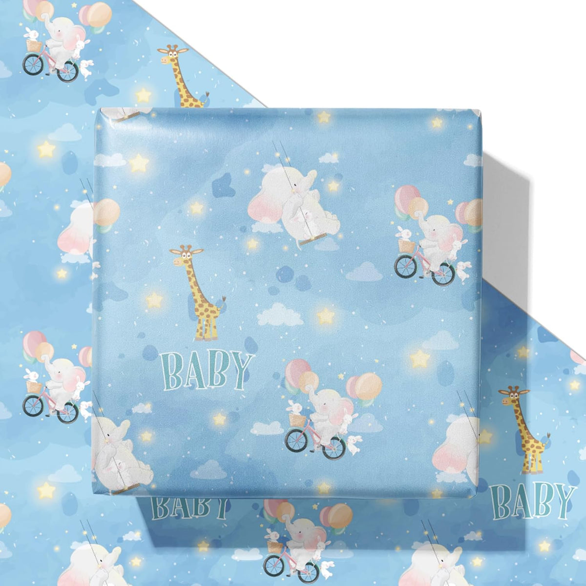 Blue Baby Shower Wrapping Paper - Watercolor Gift Wrap With Funny Elephant, Giraffe, Rabbit, Baby, And Galaxy Design For Baby Shower, Birthday, Christmas - 20×29 Inches, 6 Folded Sheets