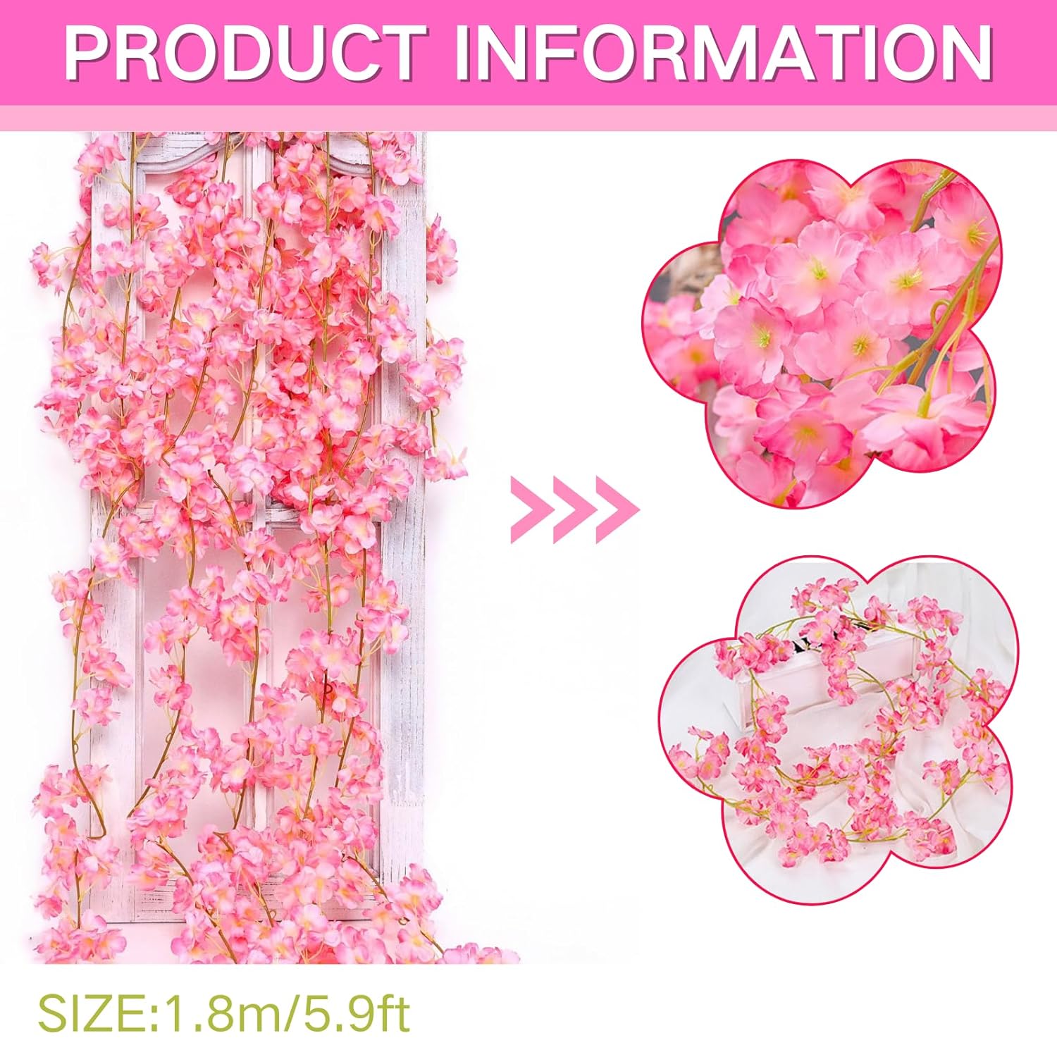 2Packs Artificial Cherry Blossom Flower Vines Pink Artificial Flower Garland Vines Silk Hanging Sakura Garland For Wedding Garden Arch Wall Home Party Japanese Kawaii Decor (Deep Pink)