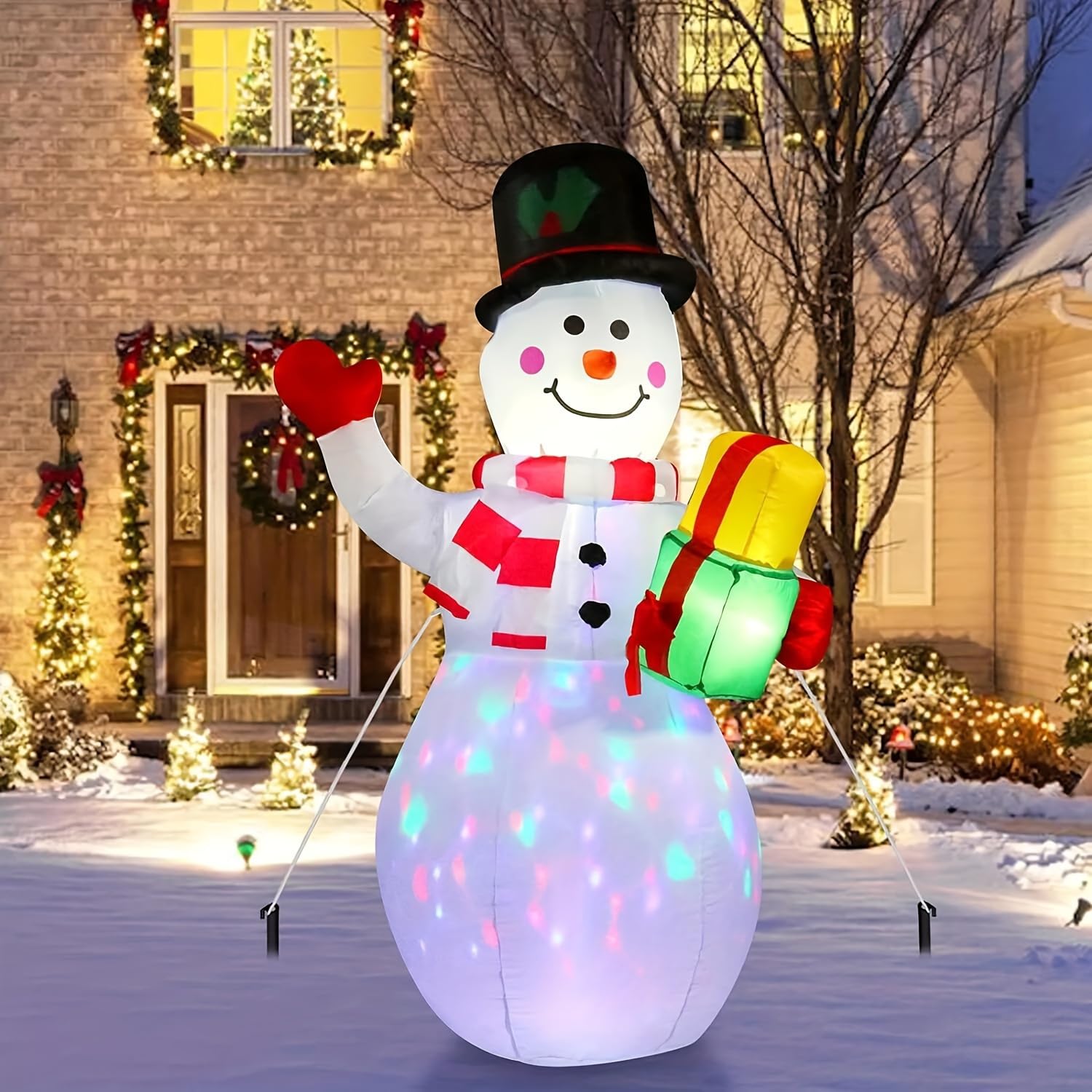 5 Ft Tall Christmas Inflatable Snowman With Gift Box, With Upgrade Rotating Build-In Colorful Led Lights Christmas Blow