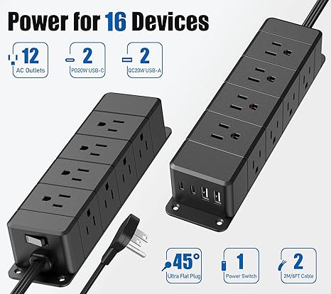 Under Desk Surge Protector Power Strip 12 Outlets 4 USB Ports USB C 6FT Wall Mount 1200J Black