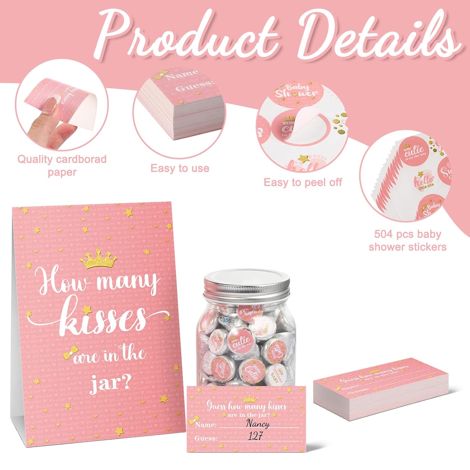 555 Pcs How Many Kisses Baby Shower Games, Pink And Gold Standing Sign Guessing Cards Kisses Stickers For Kids Girl Birthday Baby Shower Sprinkle Party Decoration (No Candy And Jar)