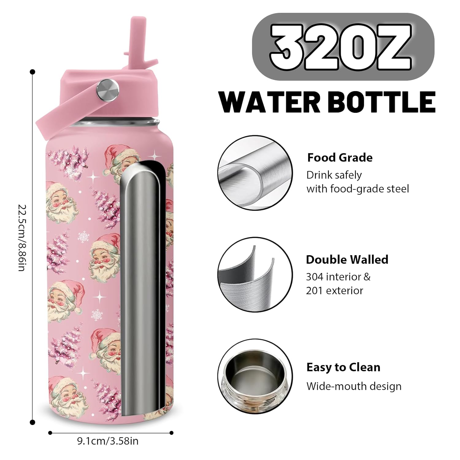 Christmas Gifts 32Oz Santa Claus Tumbler - Pink Santa Claus Cup Christmas Birthday Gifts For Women - Pink Water Bottle Stainless Steel Coffee Cup For Sports, Gym, Travel, School
