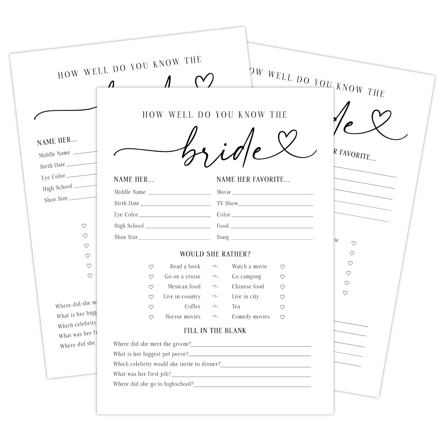 How Well Do You Know The Bride Bridal Shower Game, Fun Wedding Shower Games And Activities, Would She Rather, 50 Count