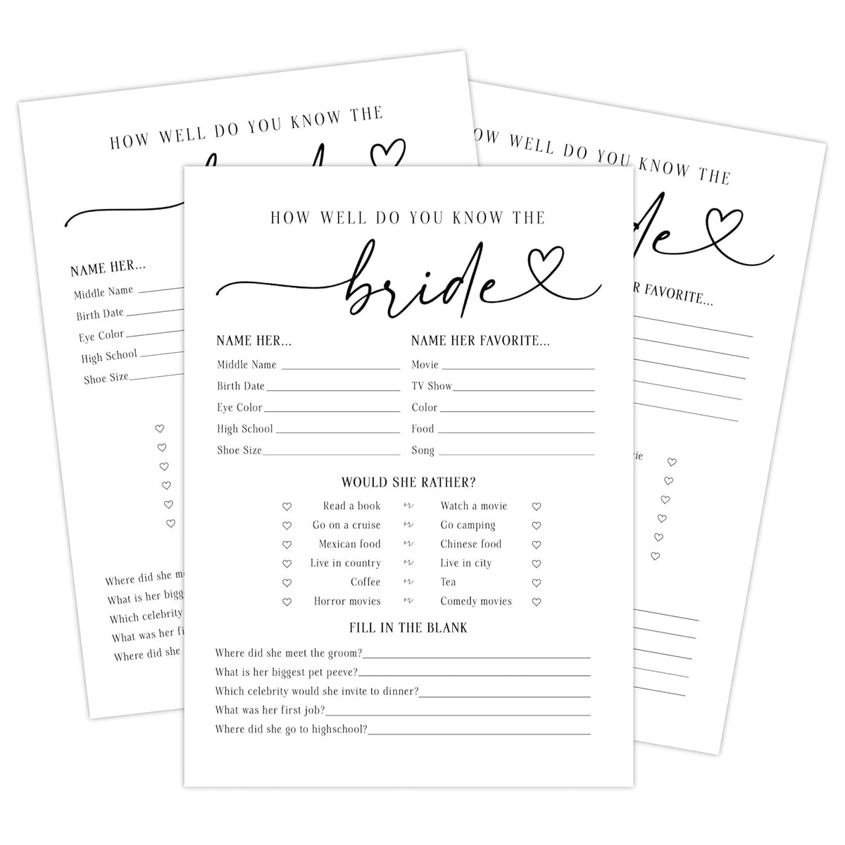 How Well Do You Know The Bride Bridal Shower Game, Fun Wedding Shower Games And Activities, Would She Rather, 50 Count