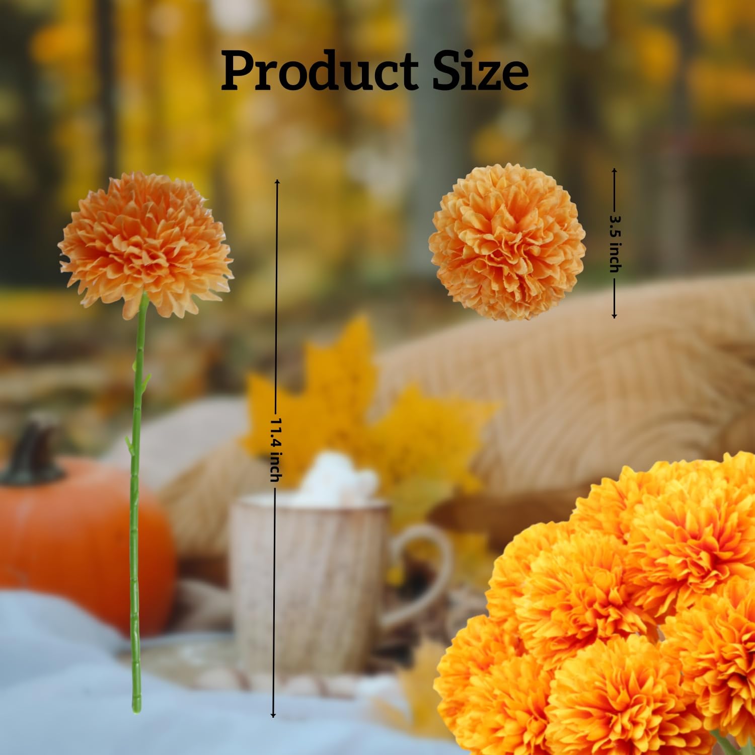 Artificial Flowers Silk Faux Ball Chrysanthemum, 12Pcs Fall Flowers Artificial Orange Flowers Faux Mums Bouquet For Autumn Home Decor, Fall Floral Arrangements, Thanksgiving Centerpiece (12, Orange)