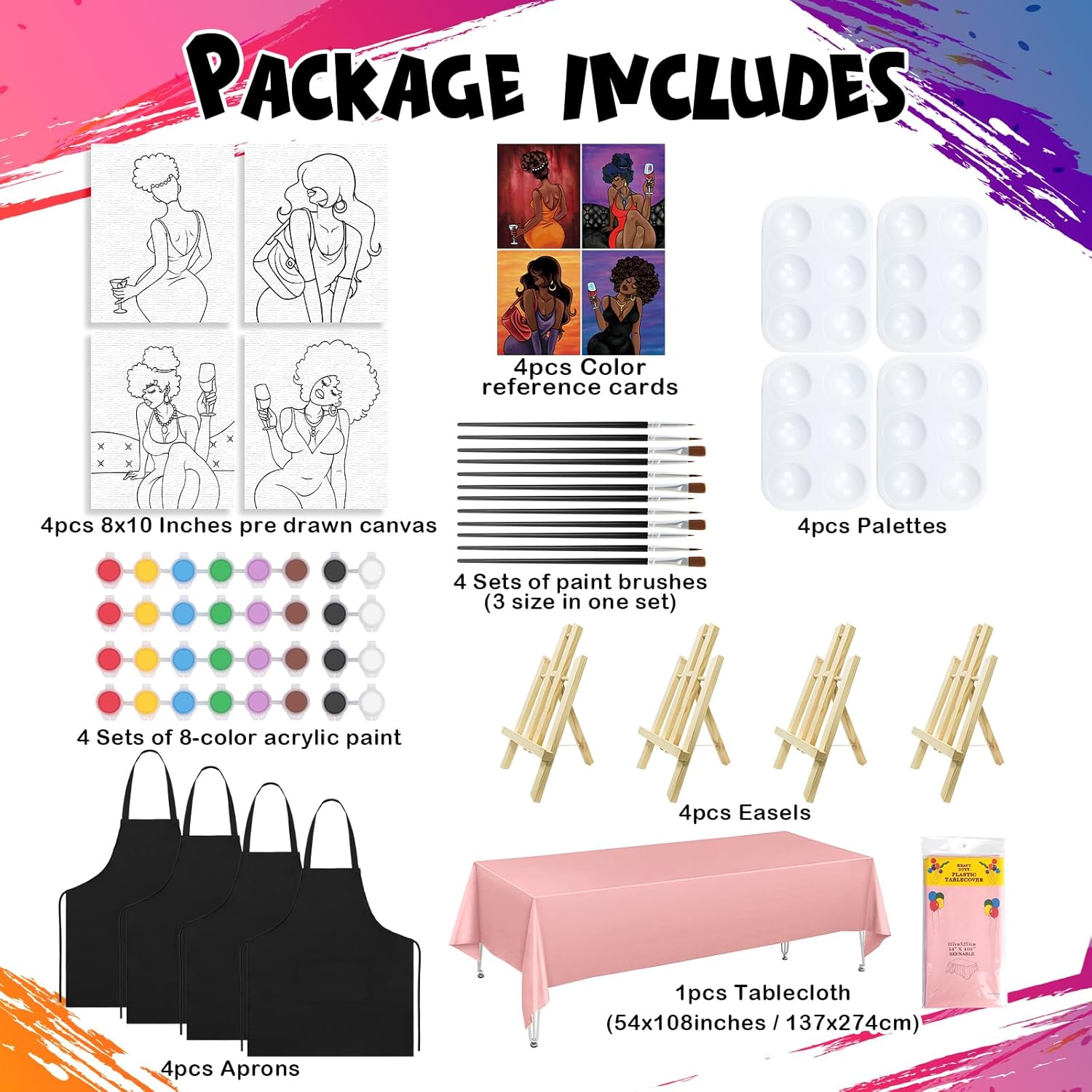 4 Pack Sip And Paint Kit For Adults Pre Drawn Canvas For Painting Pre Printed Stretched Canvas Diy Art Party Set Date Night Girls Game (Chic Lady,8X10 Inches)