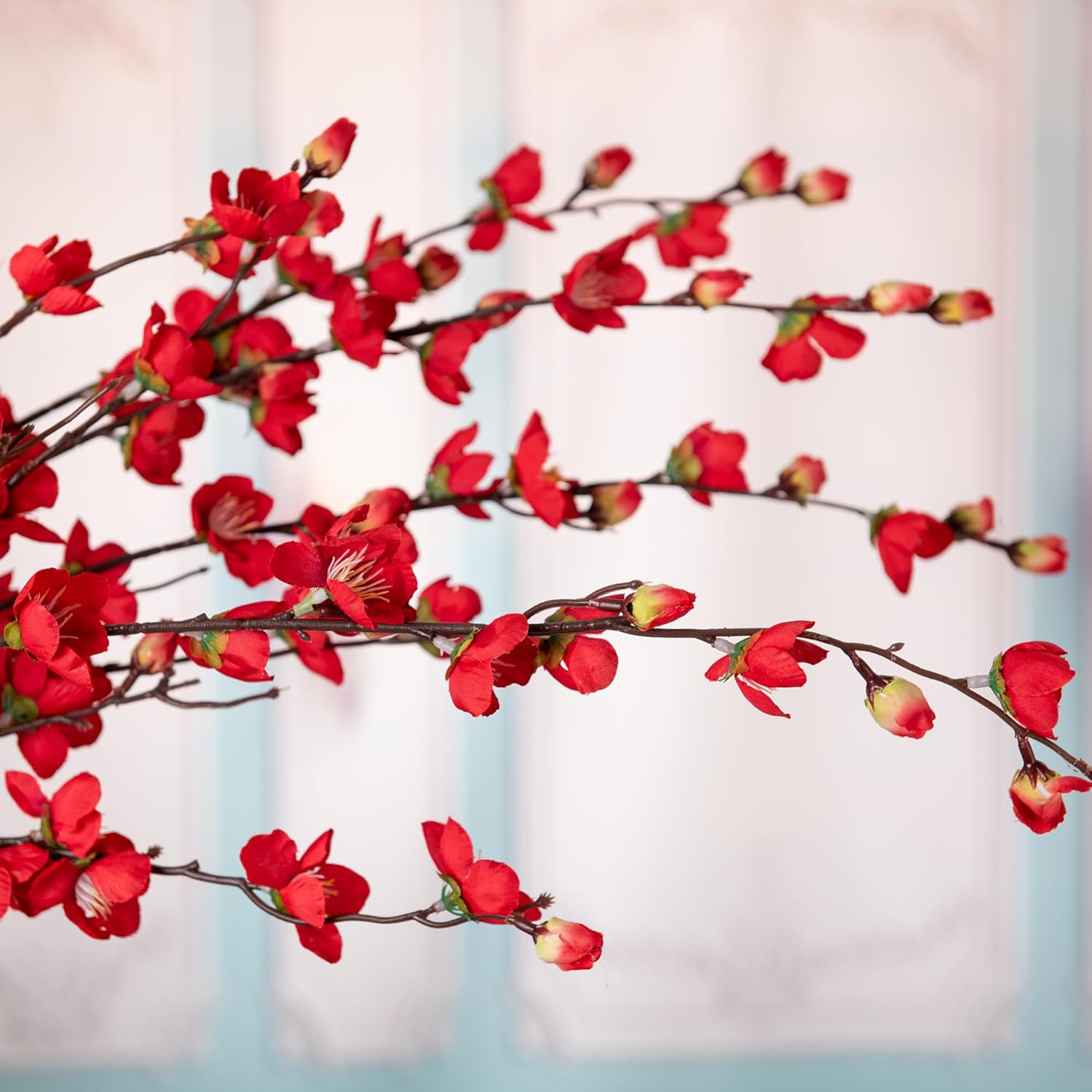 Artificial Faux Plants Flowers Indoor Spring Summer Decor, 4 Bundles Fake Silk Plum Blossom,Faux Silk Cherry Blossom Branches For Wedding Office Party Hotel Home Decor, Vase Not Included(Red).